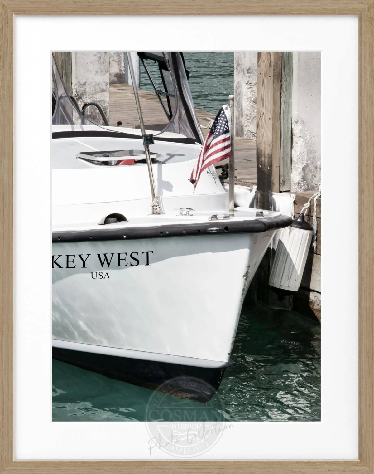 Schwarz-weiß Poster mit Rahmen, Florida Key West Boot Motiv, von Cosman-Photocollection, 25x31 cm