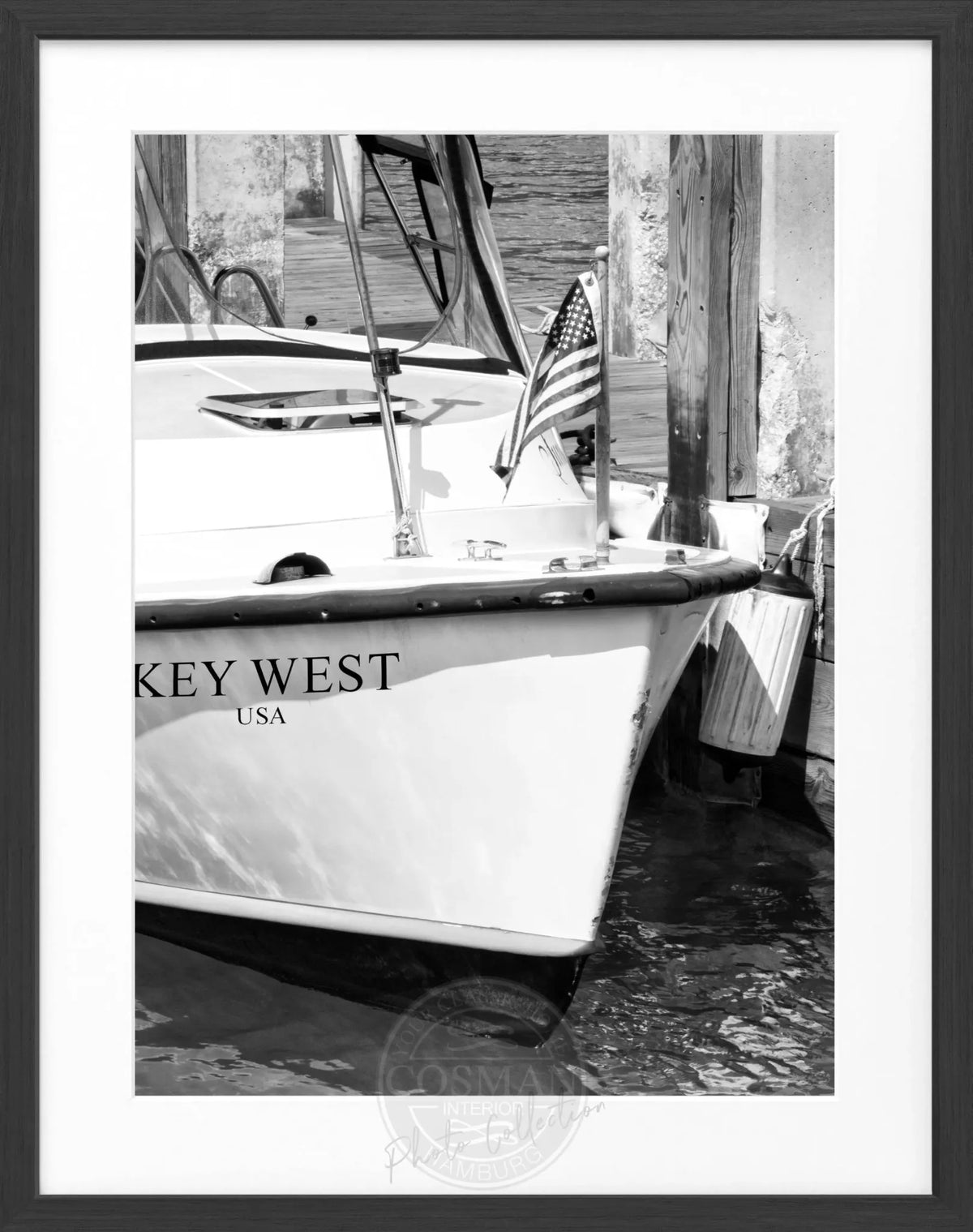 Schwarz-weiß Poster mit Rahmen, Florida Key West Boot-Motiv, von Cosman-Photocollection, 25x31 cm, Wanddekoration