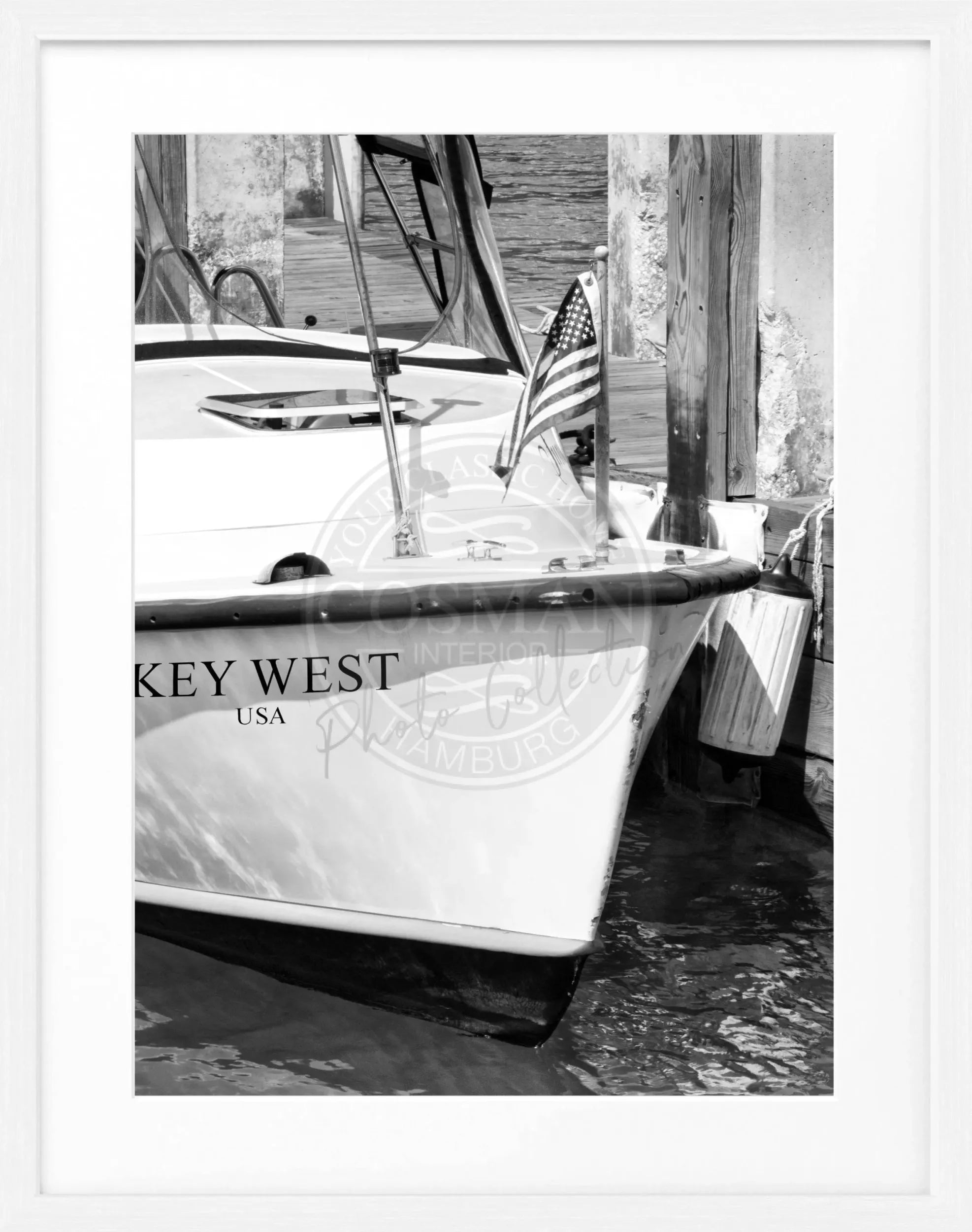 Schwarz-weiß Poster mit Rahmen, Florida Key West Boot-Motiv, von Cosman-Photocollection, 25x31 cm, maritime Stimmung