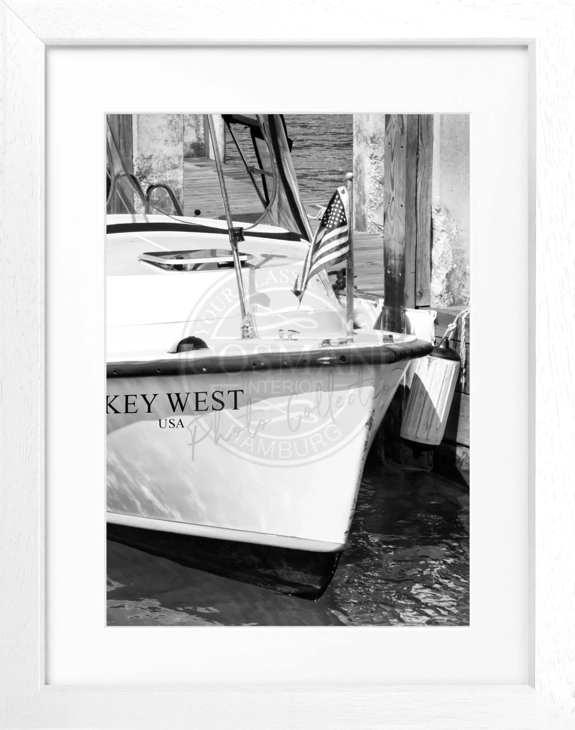 Schwarz-weiß Poster mit Rahmen, Florida Key West Boot-Motiv, von Cosman-Photocollection, 25x31 cm.