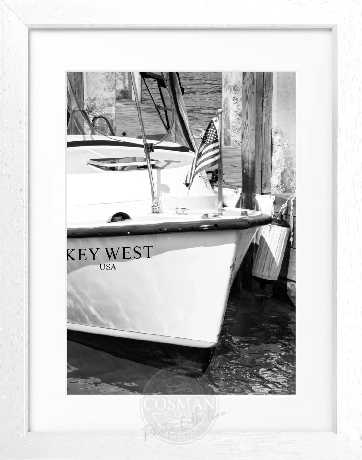 Schwarz-weiß Poster mit Rahmen, Florida Key West Boot-Motiv, von Cosman-Photocollection, 25x31 cm.