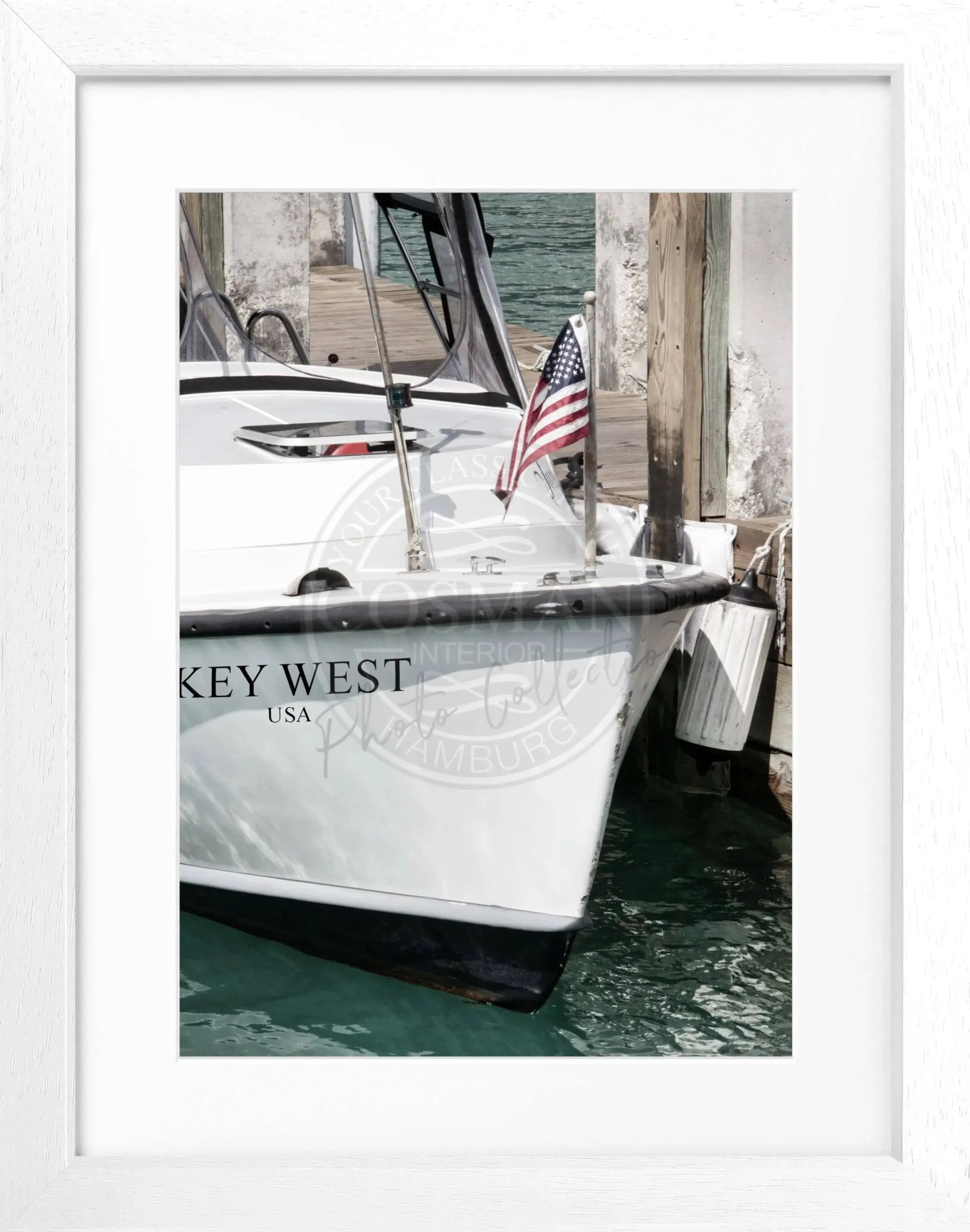 Schwarz-weiß Poster mit Rahmen von Cosman-Photocollection, Florida Key West Boot Motiv, 25x31 cm, maritime Wanddekoration