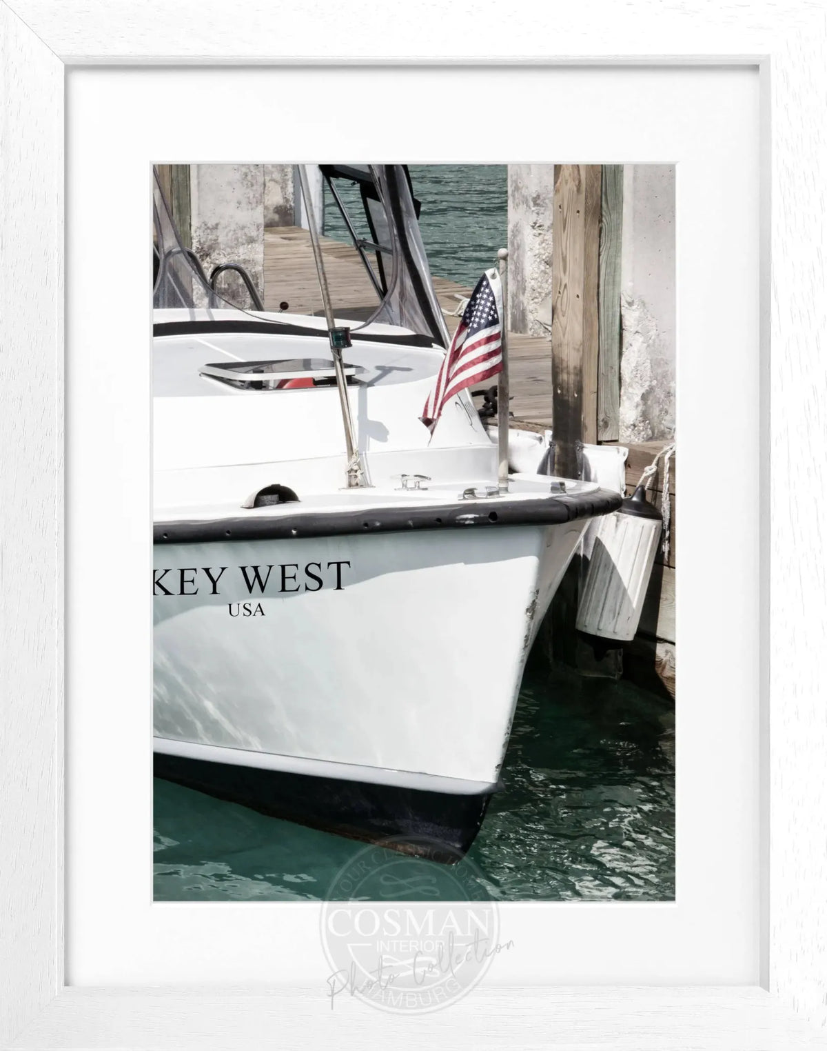 Schwarz-weiß Poster mit Rahmen von Cosman-Photocollection, Florida Key West Boot Motiv, 25x31 cm, maritime Wanddekoration