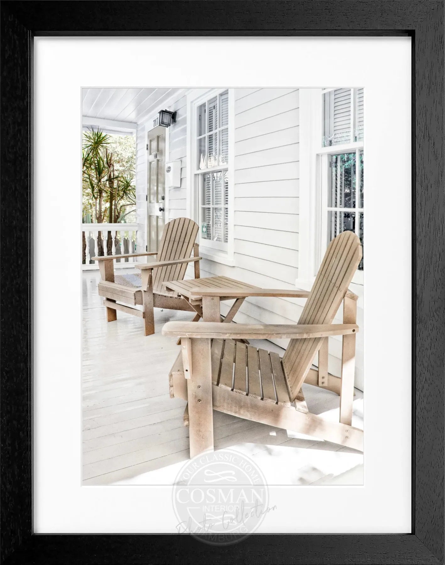 Schwarz-weiß Poster mit Rahmen, Florida Key West Deckchair, von Cosman-Photocollection, 25x31 cm, dekoratives Wandbild