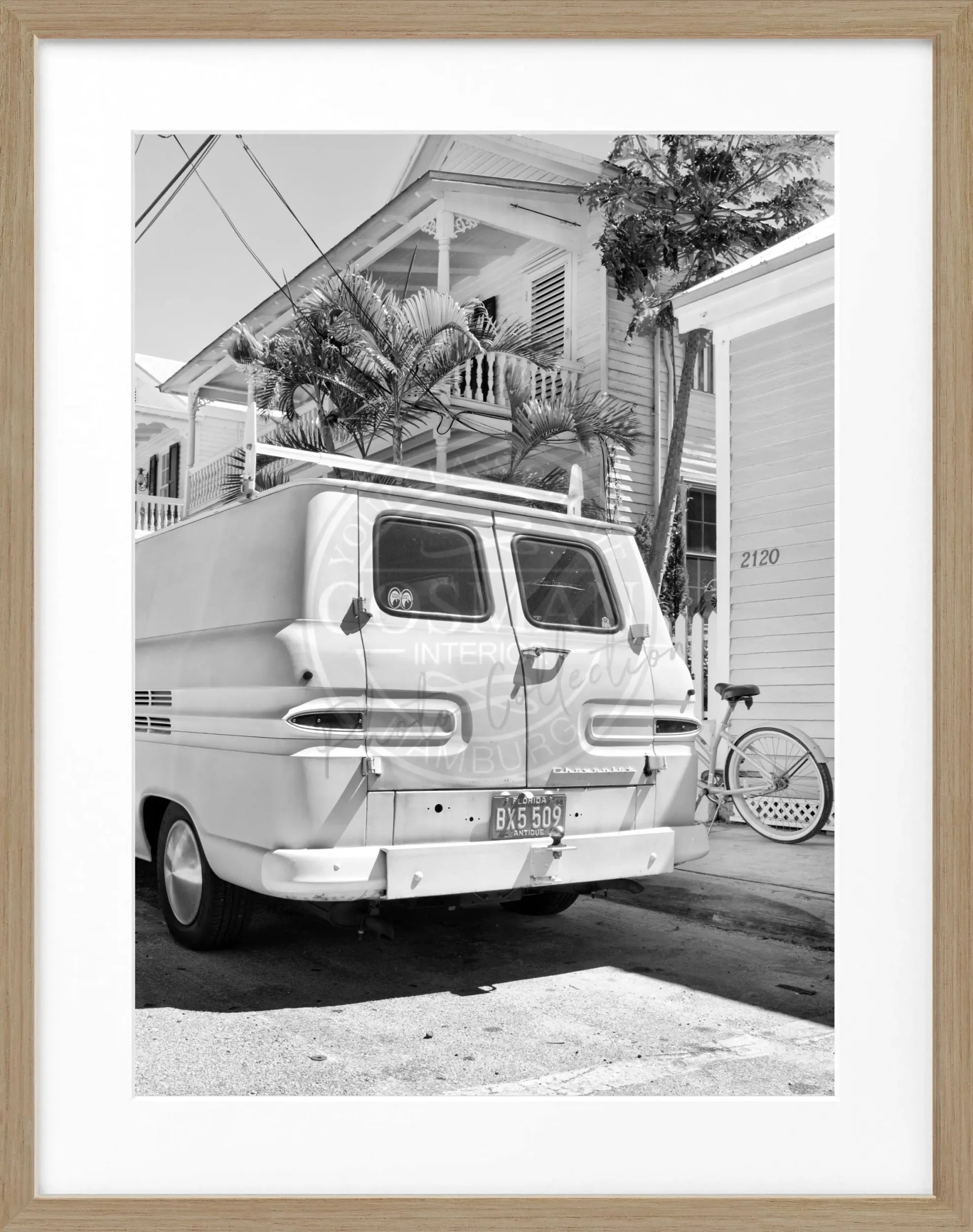 Schwarzer Poster mit Rahmen, Florida Key West Motiv, 25x31 cm, von Cosman-Photocollection, in Schwarz-Weiß.