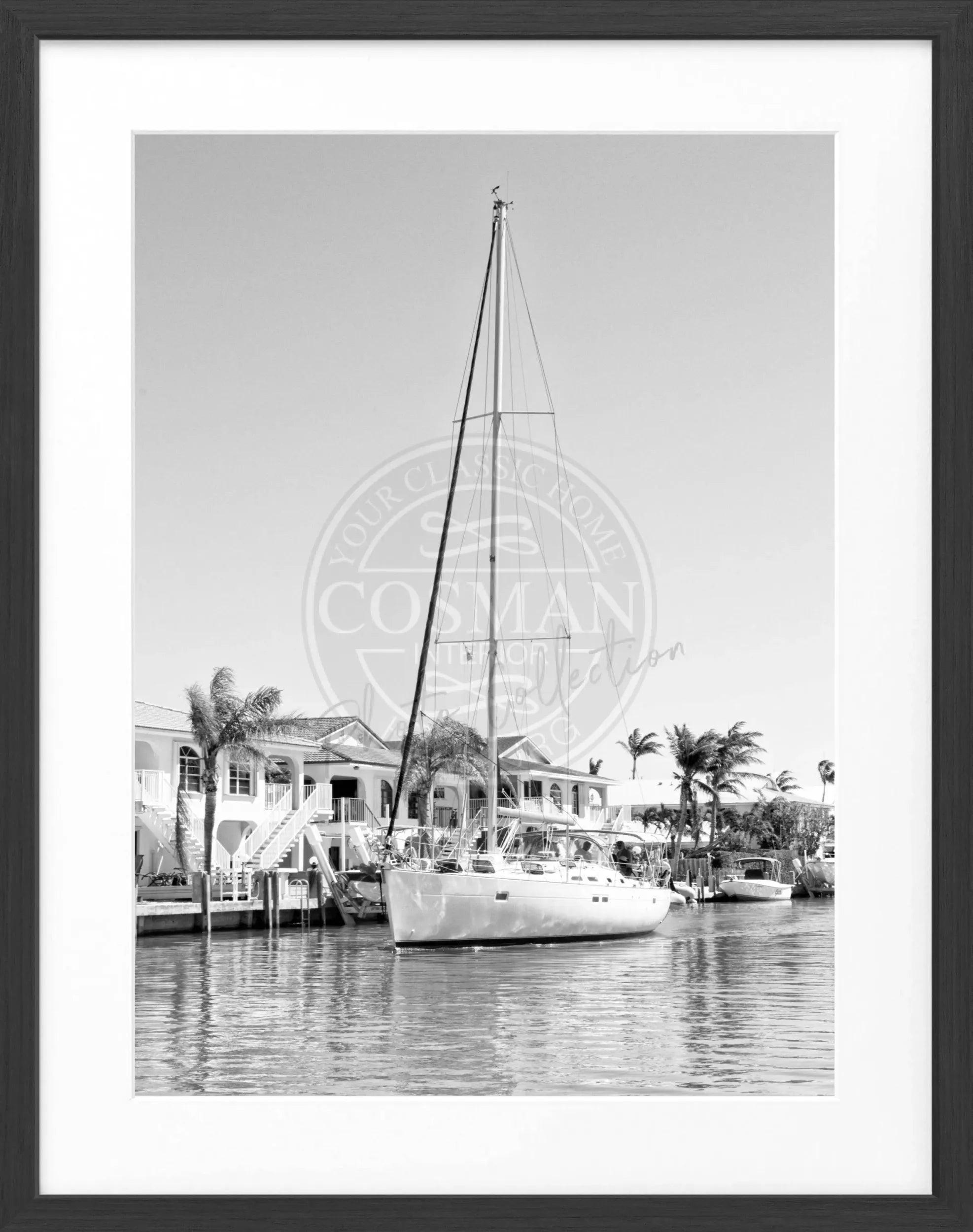 Schwarz-weiß Poster mit Rahmen, Florida Keys Boot Motiv, von Cosman-Photocollection, 25x31 cm, dekoratives Wandbild