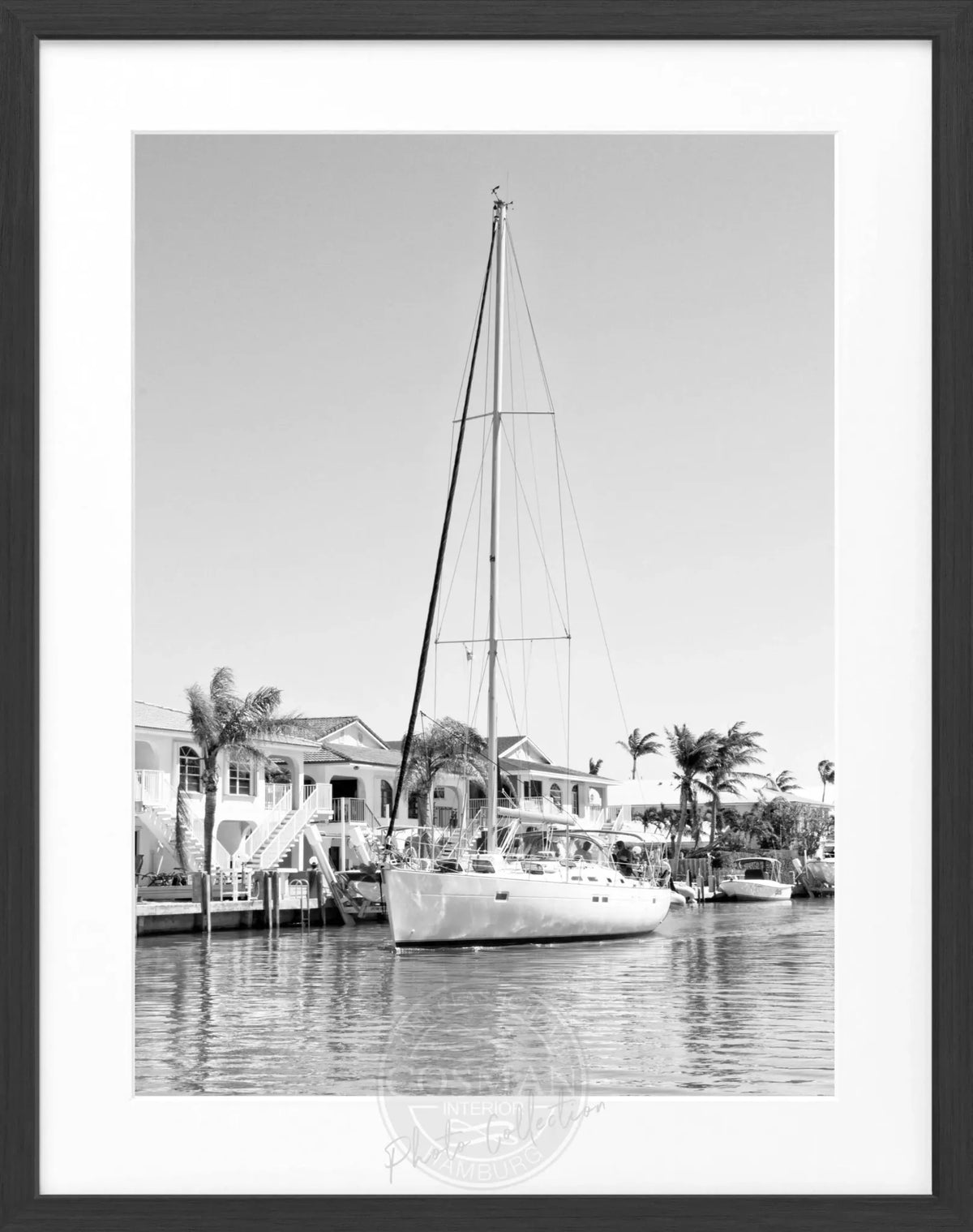 Schwarz-weiß Poster mit Rahmen, Florida Keys Boot Motiv, von Cosman-Photocollection, 25x31 cm, dekoratives Wandbild