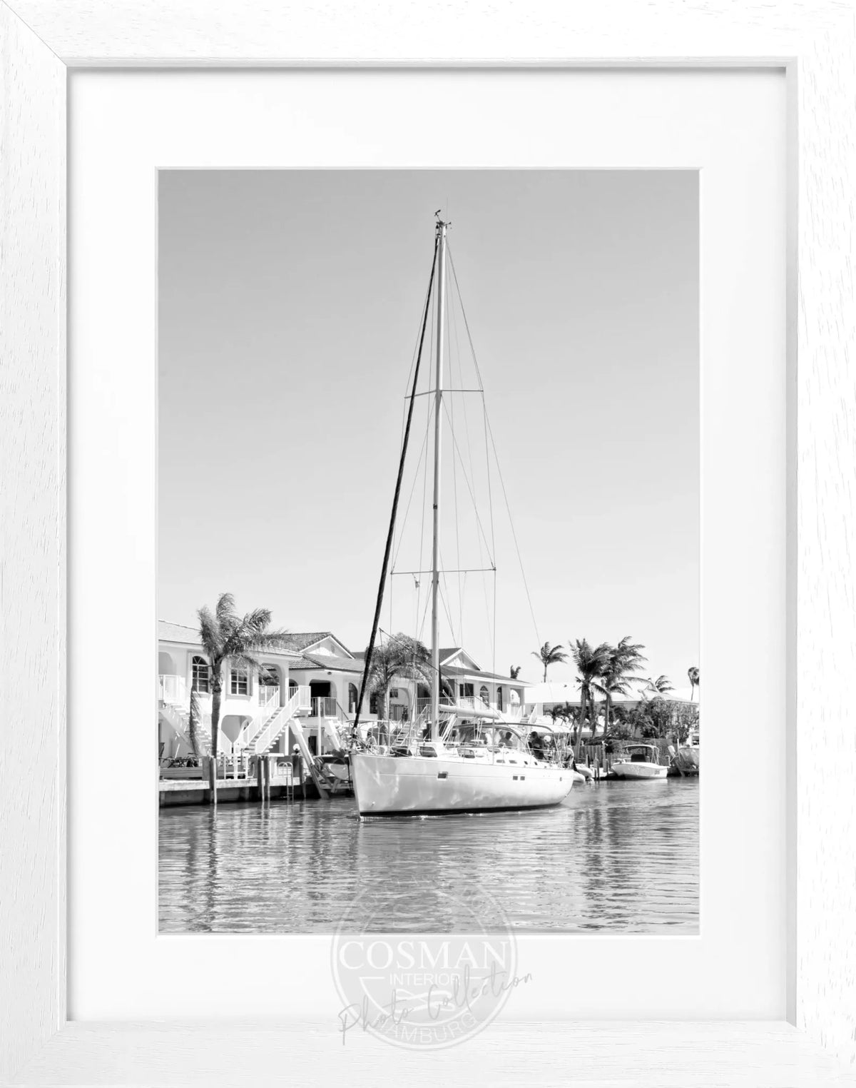 Schwarz-weiß Poster mit Rahmen, Florida Keys Boot Motiv, von Cosman-Photocollection, 25cm x 31cm.