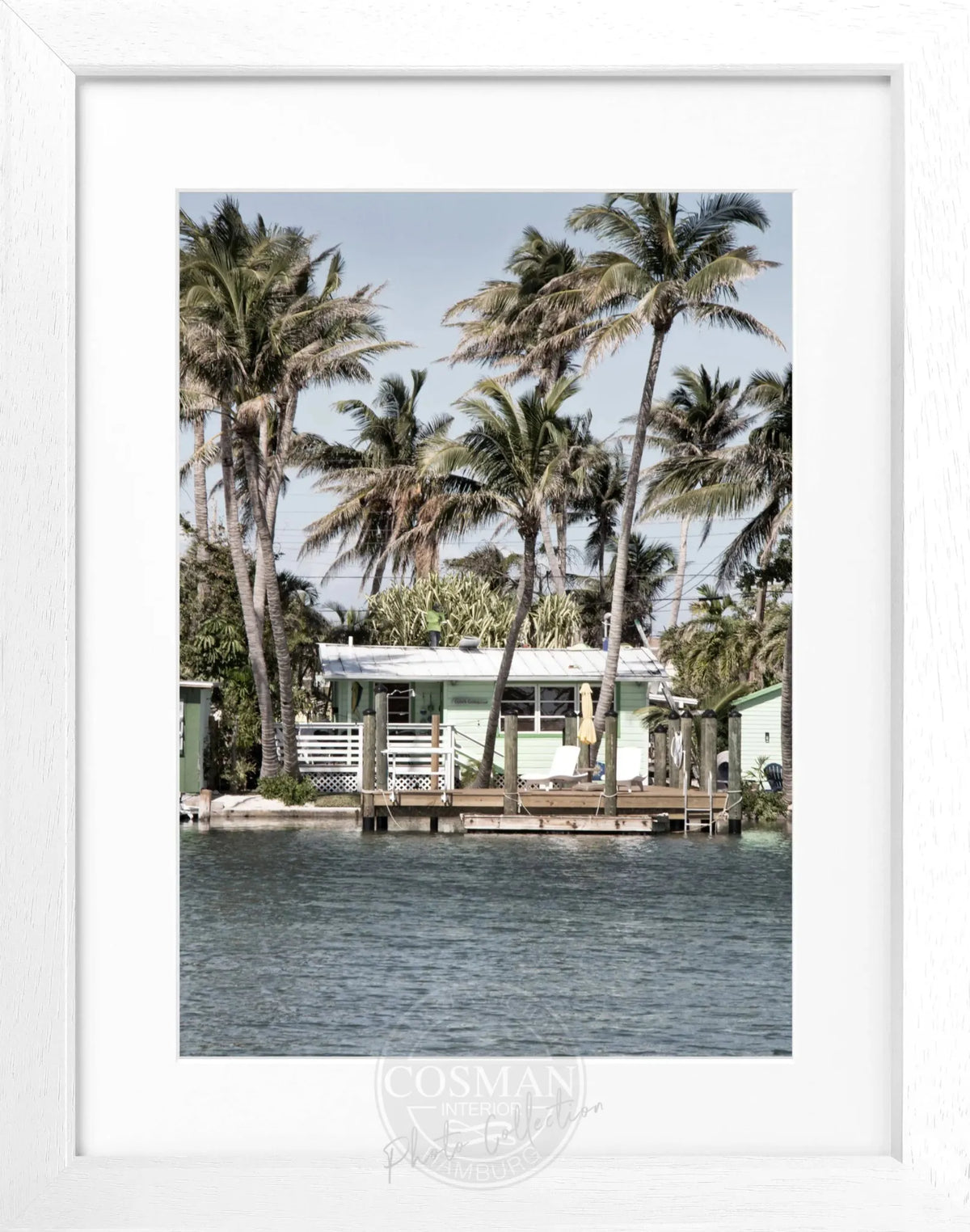 Schwarz-weiß Poster mit Rahmen der Florida Keys, 25x31 cm, von Cosman-Photocollection, Naturaufnahme mit Palmen und Meer