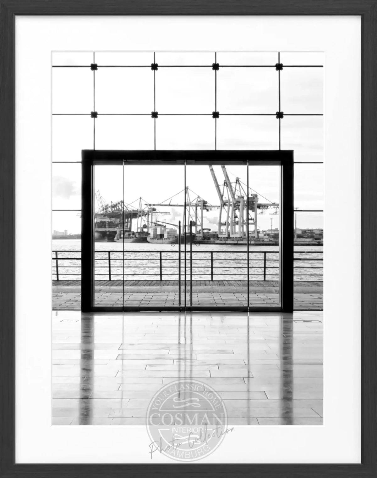Schwarz-weiß Poster mit Rahmen, Hamburg Hafen, 25x31 cm, von Cosman-Photocollection, maritime Stadtansicht