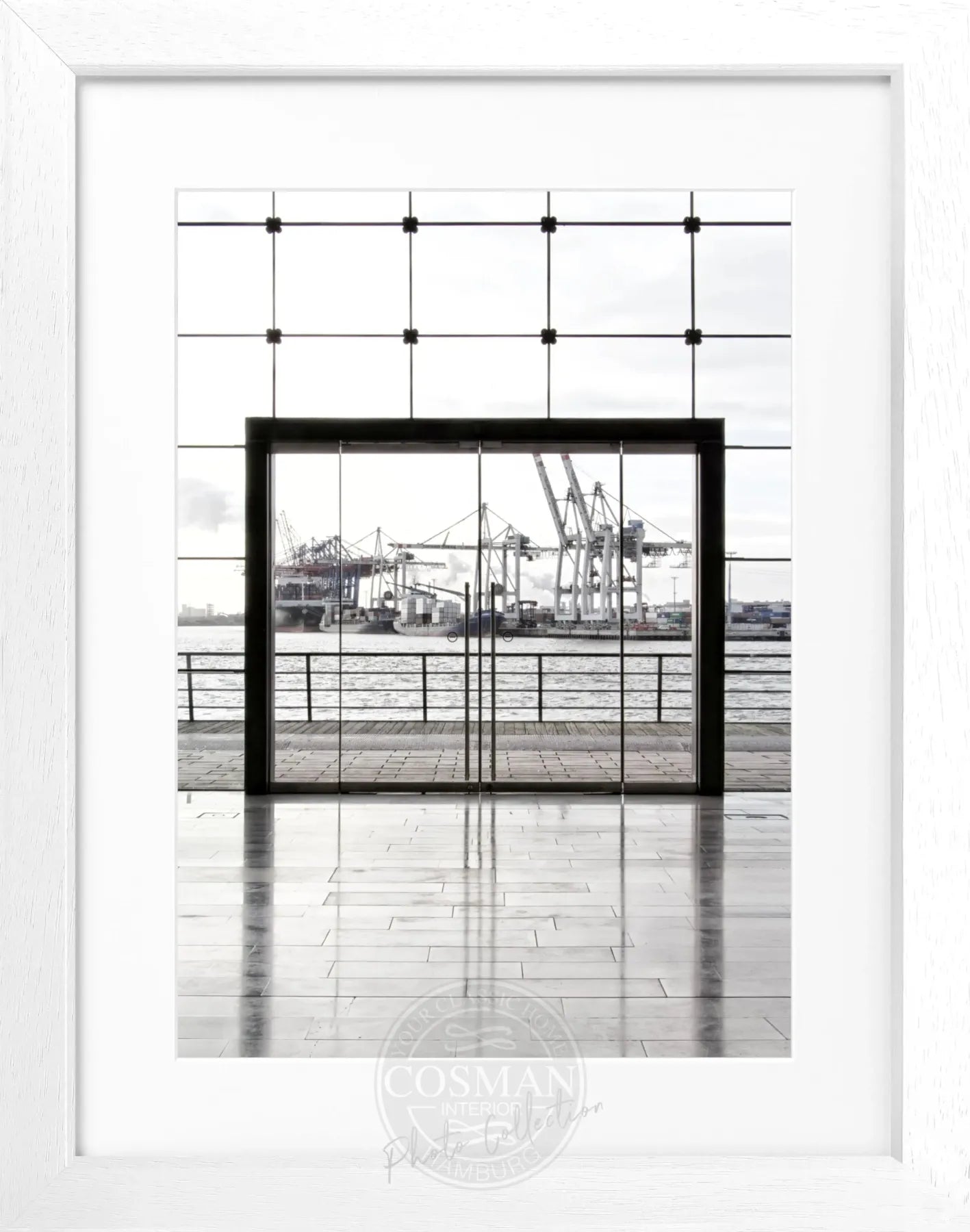 Schwarz-weiß Poster mit Rahmen, Hamburg Hafen Motiv, 25x31 cm, von Cosman-Photocollection, Wanddekoration für Hamburg-Liebhaber
