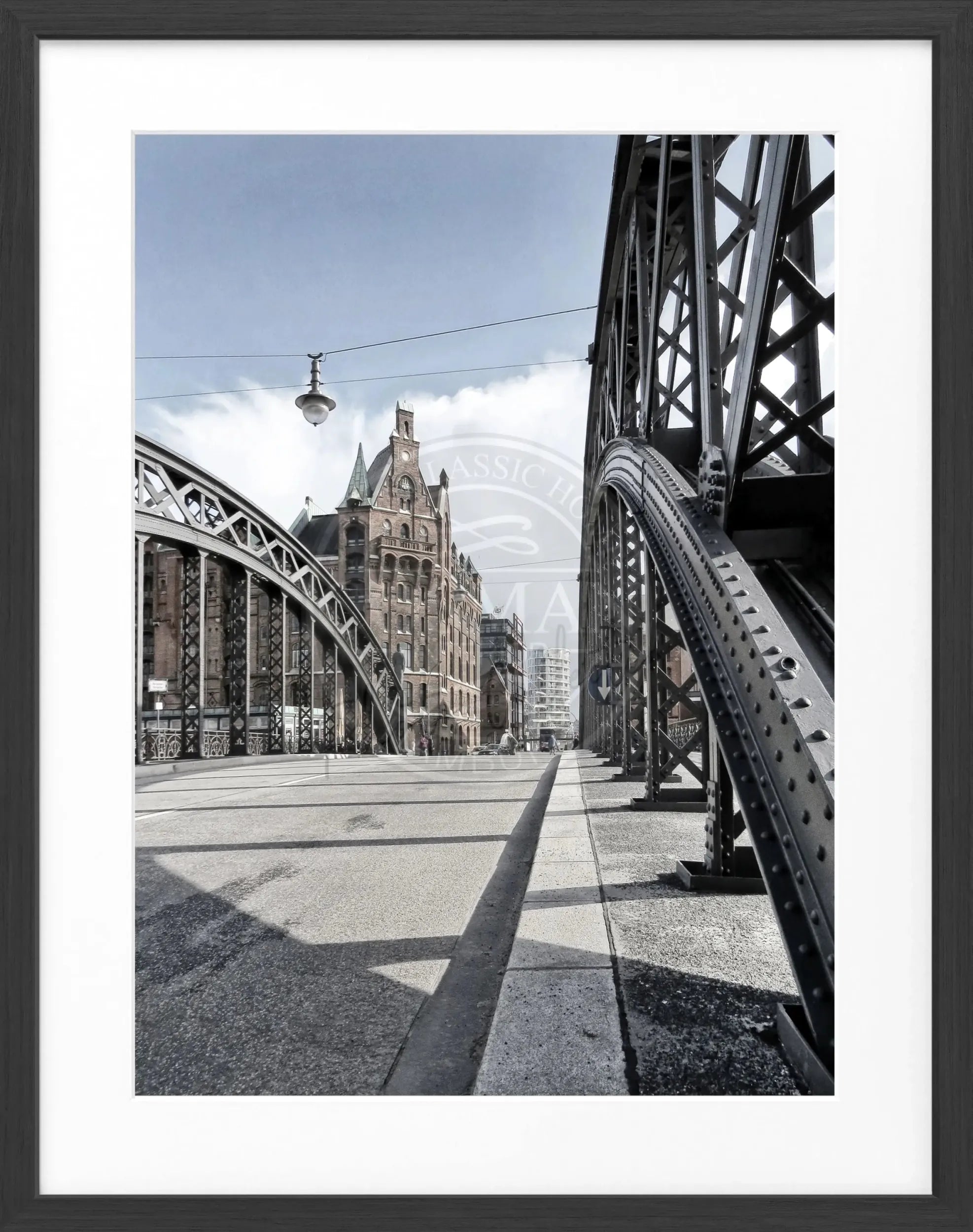 Schwarz-weiß Poster mit Rahmen von Cosman-Photocollection, Hamburg Speicherstadt, 25x31cm, Wanddekoration
