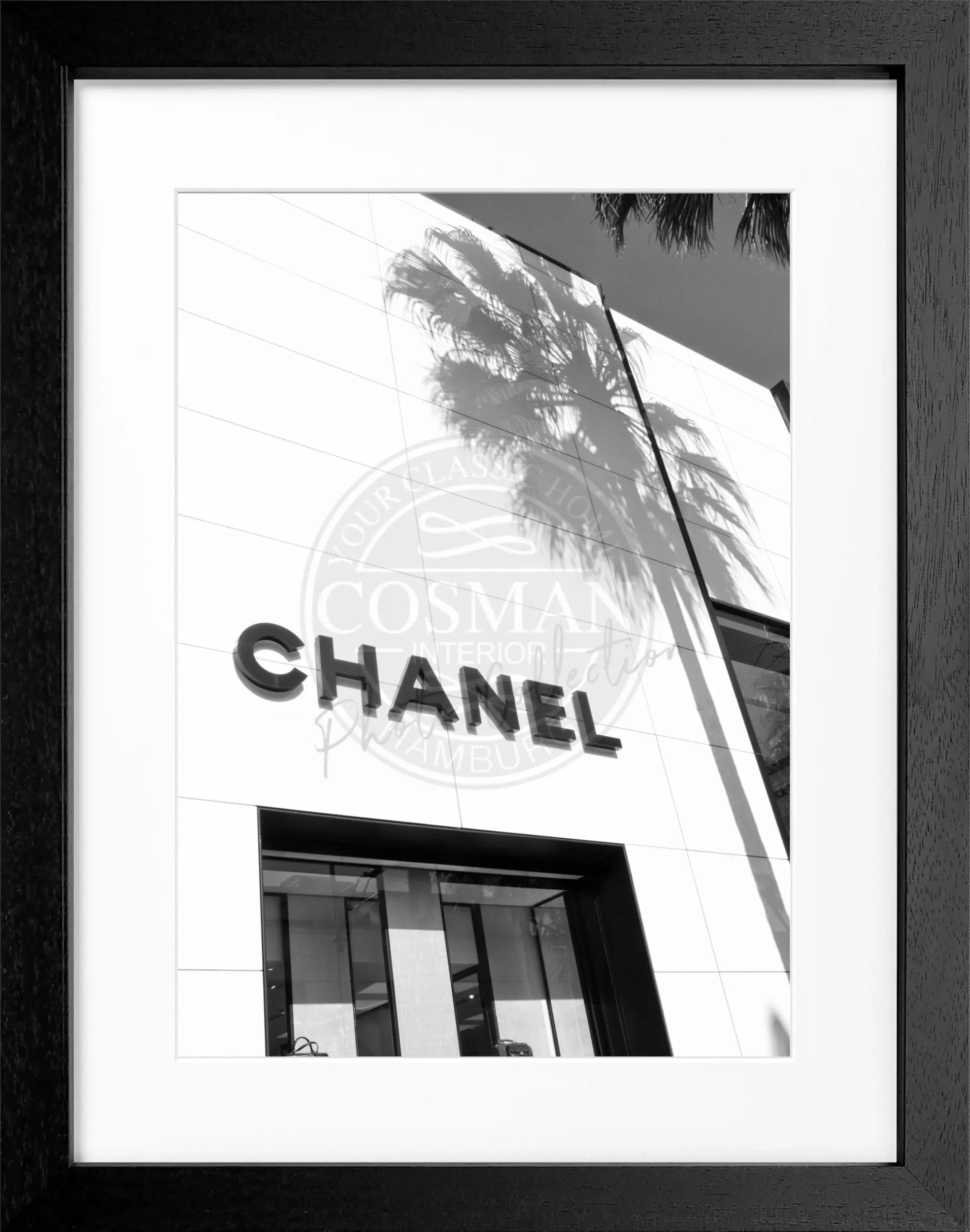 Schwarz-weiß Poster mit Rahmen, Kalifornien Beverly Hills und Chanel-Motiv, von Cosman-Photocollection, 25x31cm