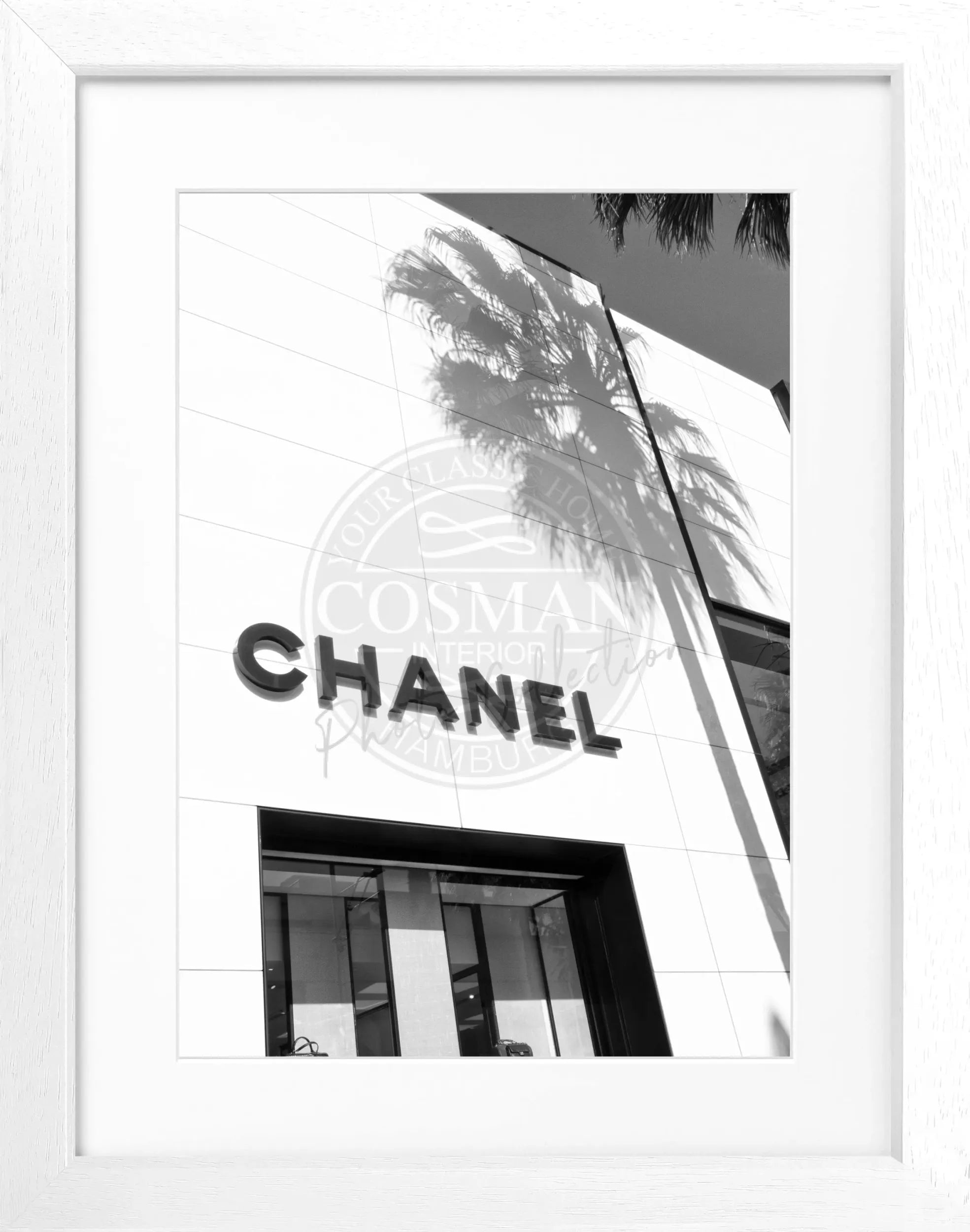 Schwarz-weiß Poster mit Rahmen, Kalifornien Beverly Hills und Chanel-Motiv, von Cosman-Photocollection, 25x31 cm