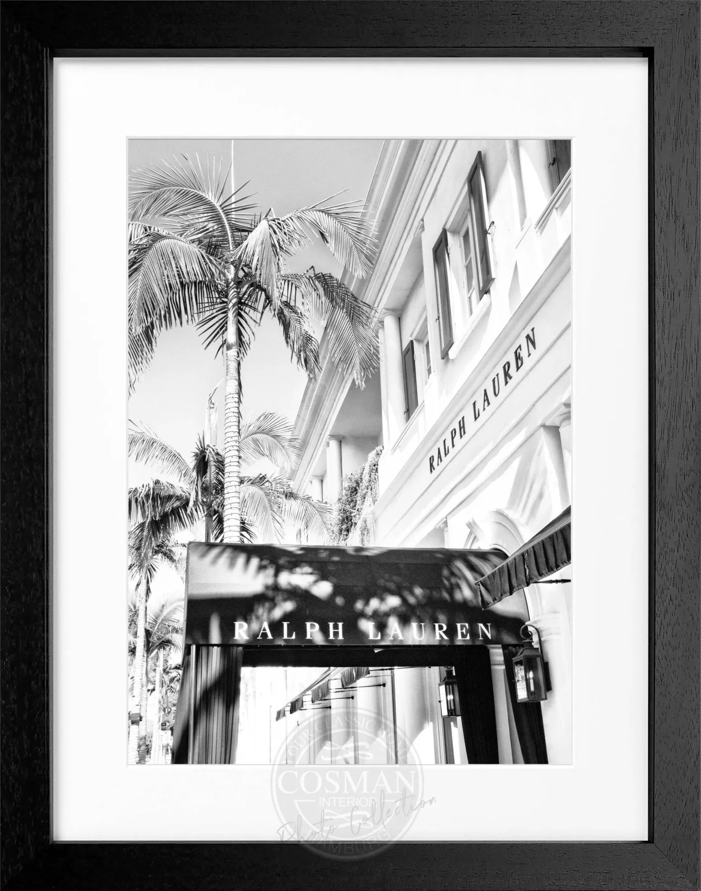 Schwarz-weiß Poster mit Rahmen, Kalifornien Beverly Hills Ralph Lauren Motiv, 25x31cm, von Cosman-Photocollection