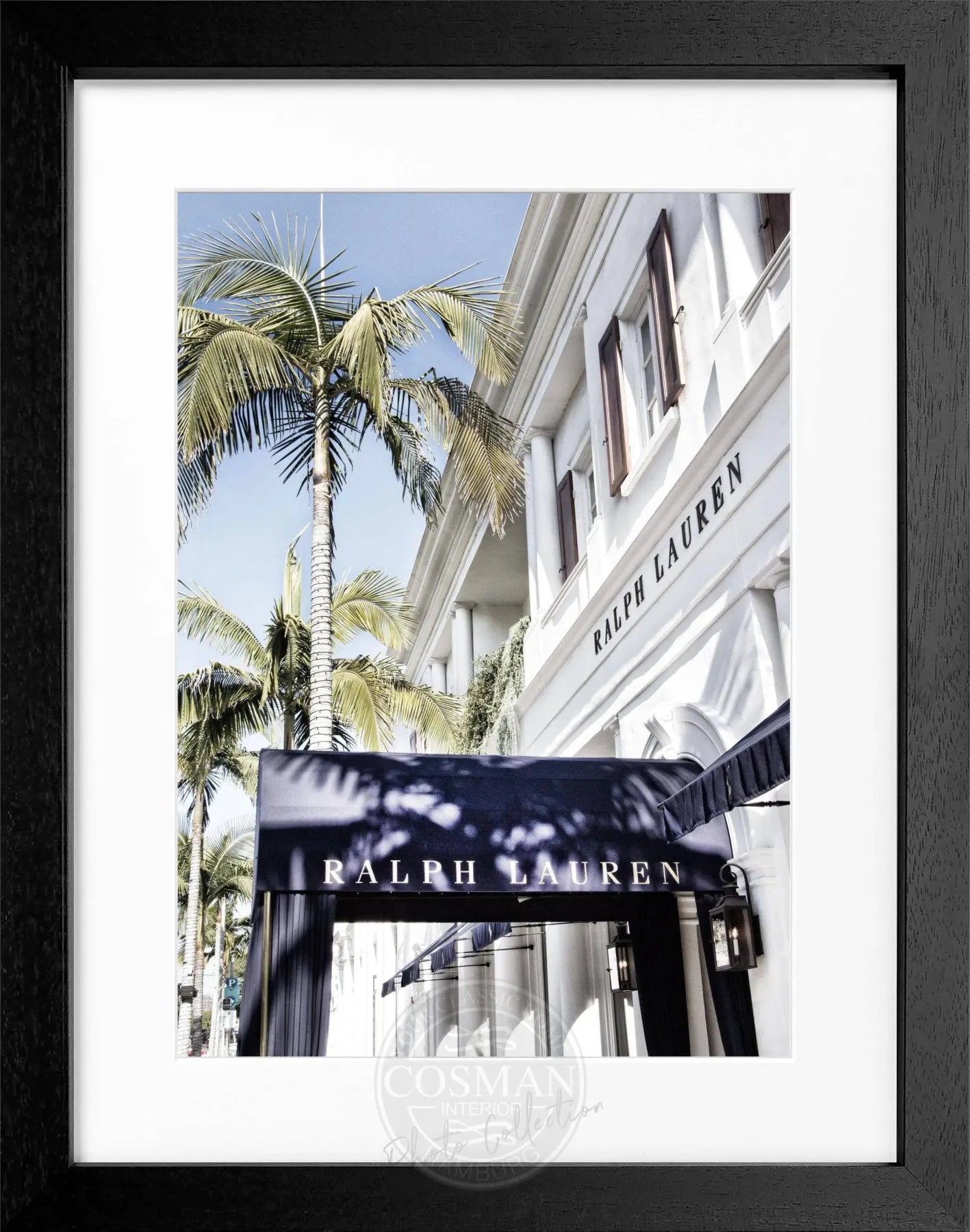Schwarz-weiß Poster mit Rahmen, Kalifornien Beverly Hills Motiv, Ralph Lauren, von Cosman-Photocollection, 25x31 cm