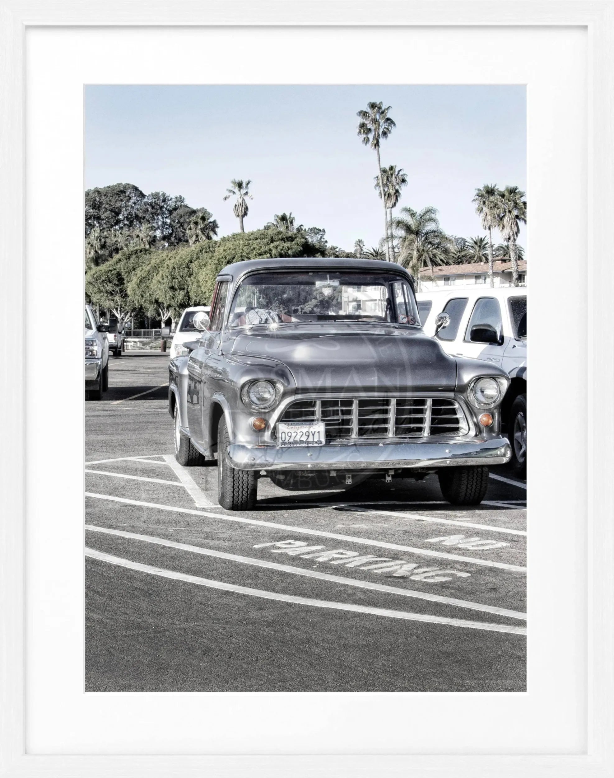 Schwarz-weiß Poster mit Rahmen von Kalifornien und einem klassischen Auto, 25x31 cm, von Cosman-Photocollection
