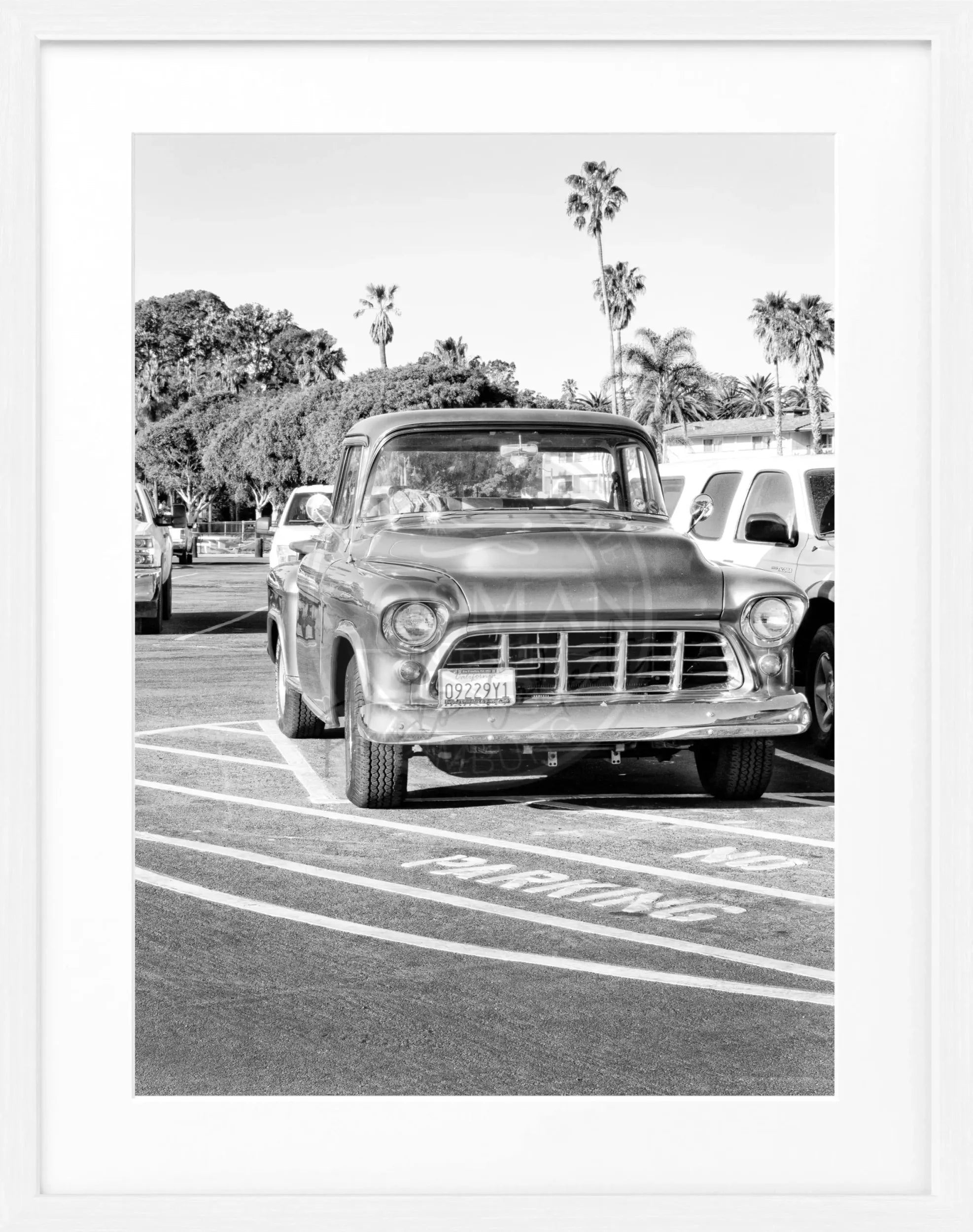 Schwarz-weiß Poster mit Rahmen, Kalifornien, Classic Car Motiv, von Cosman-Photocollection, 25x31 cm.
