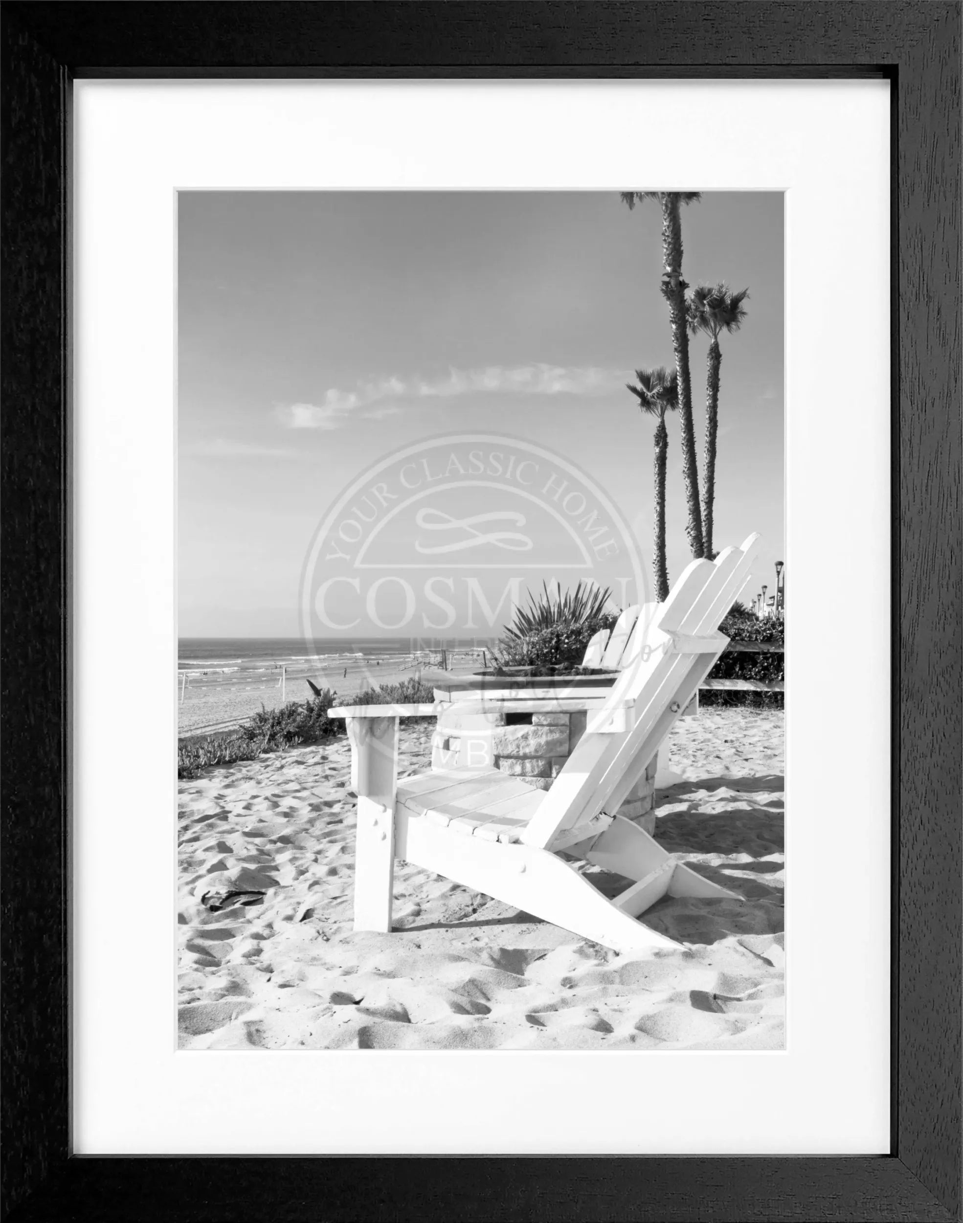 Schwarz-weißes Poster mit Rahmen, Kalifornien-Motiv, Deckchair, von Cosman-Photocollection, ca. 25x31 cm, Wanddekoration