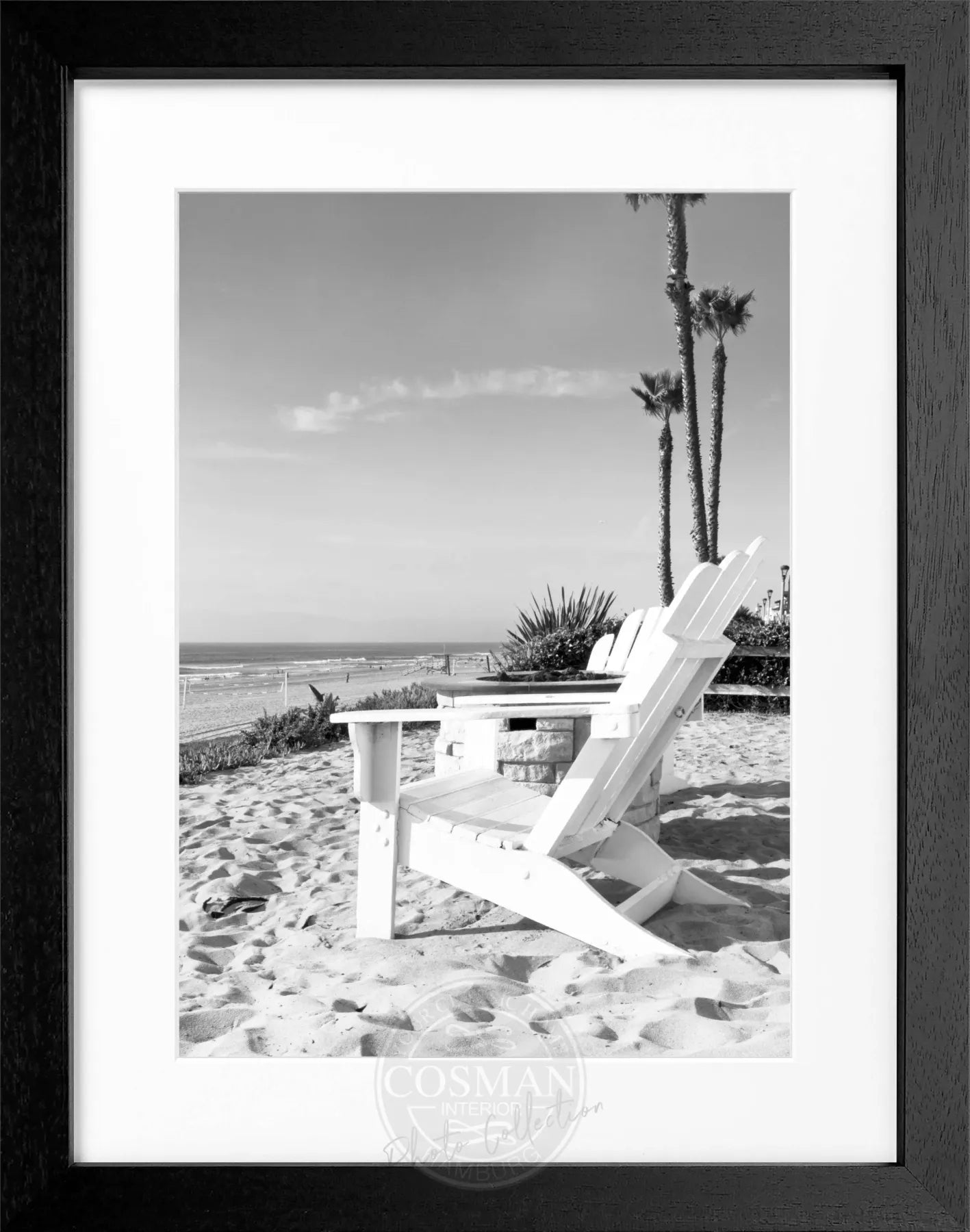 Schwarz-weißes Poster mit Rahmen, Kalifornien-Motiv, Deckchair, von Cosman-Photocollection, ca. 25x31 cm, Wanddekoration