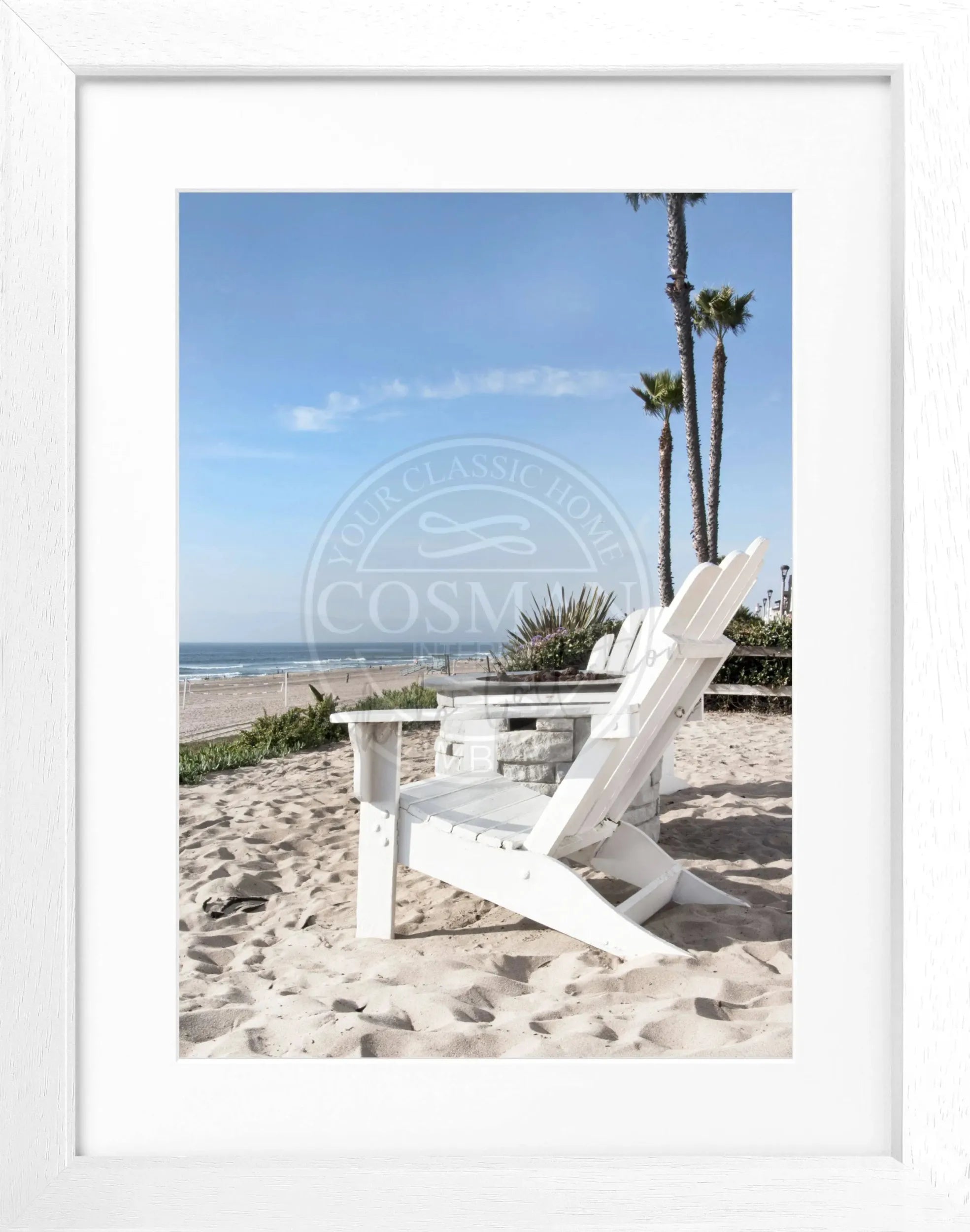 Schwarz-weißes Poster von Kalifornien mit Deckchair-Motiv, gerahmt, von Cosman-Photocollection, 25x31 cm.