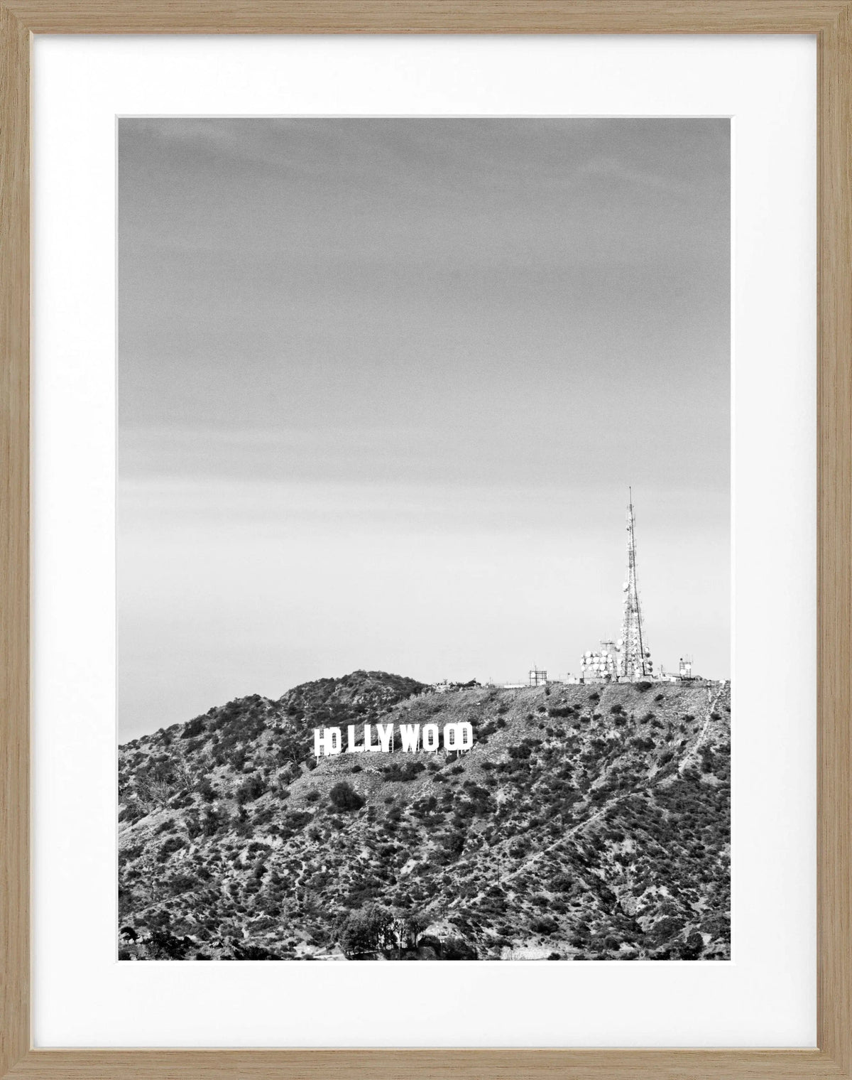Schwarz-weißer Poster mit Holzrahmen, Kalifornien Hollywood Hills, 25x31 cm, von Cosman-Photocollection