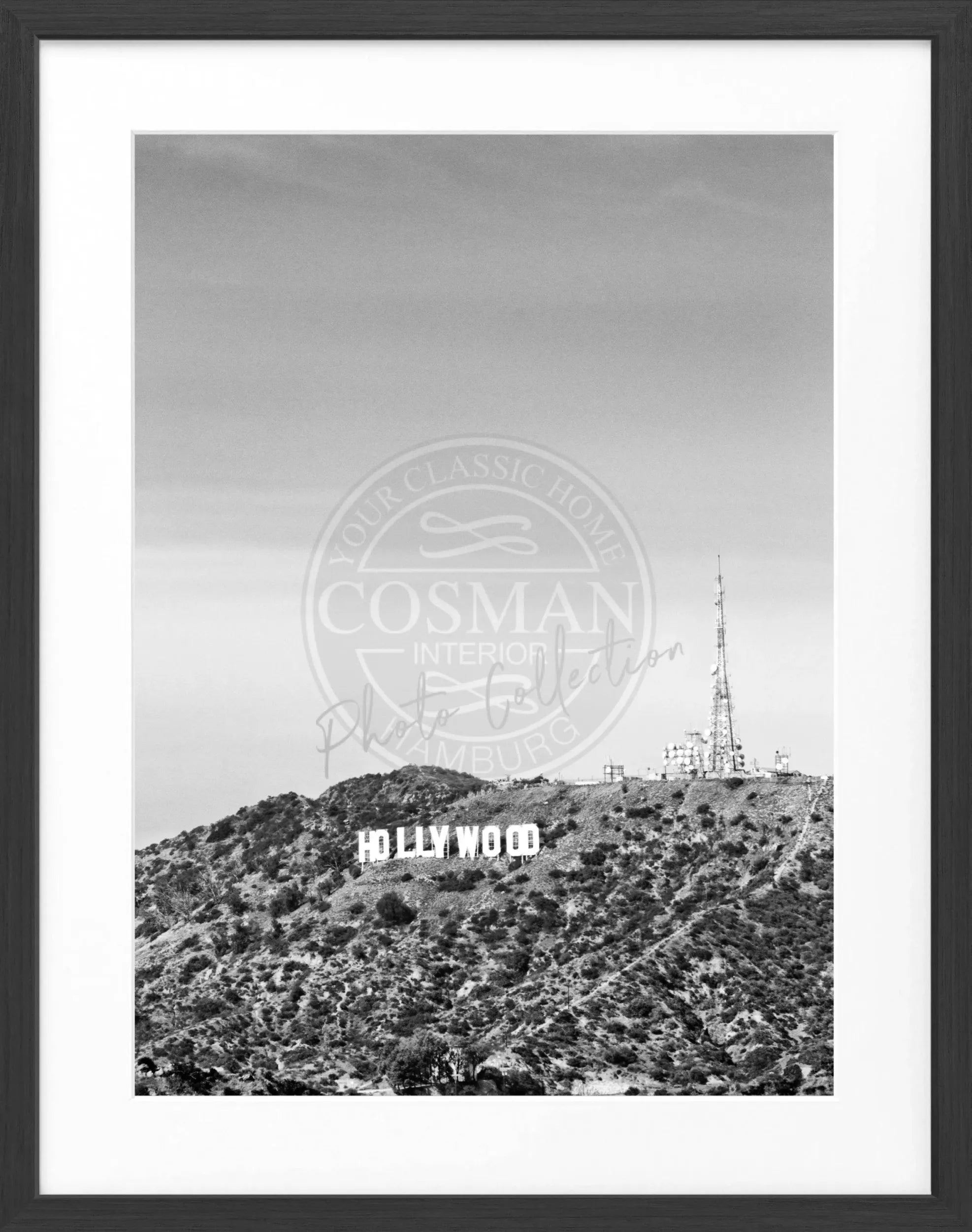 Schwarz-weiΓ Poster mit Rahmen, Kalifornien Hollywood Hills, von Cosman-Photocollection, 25x31 cm, Motiv mit Berglandschaft