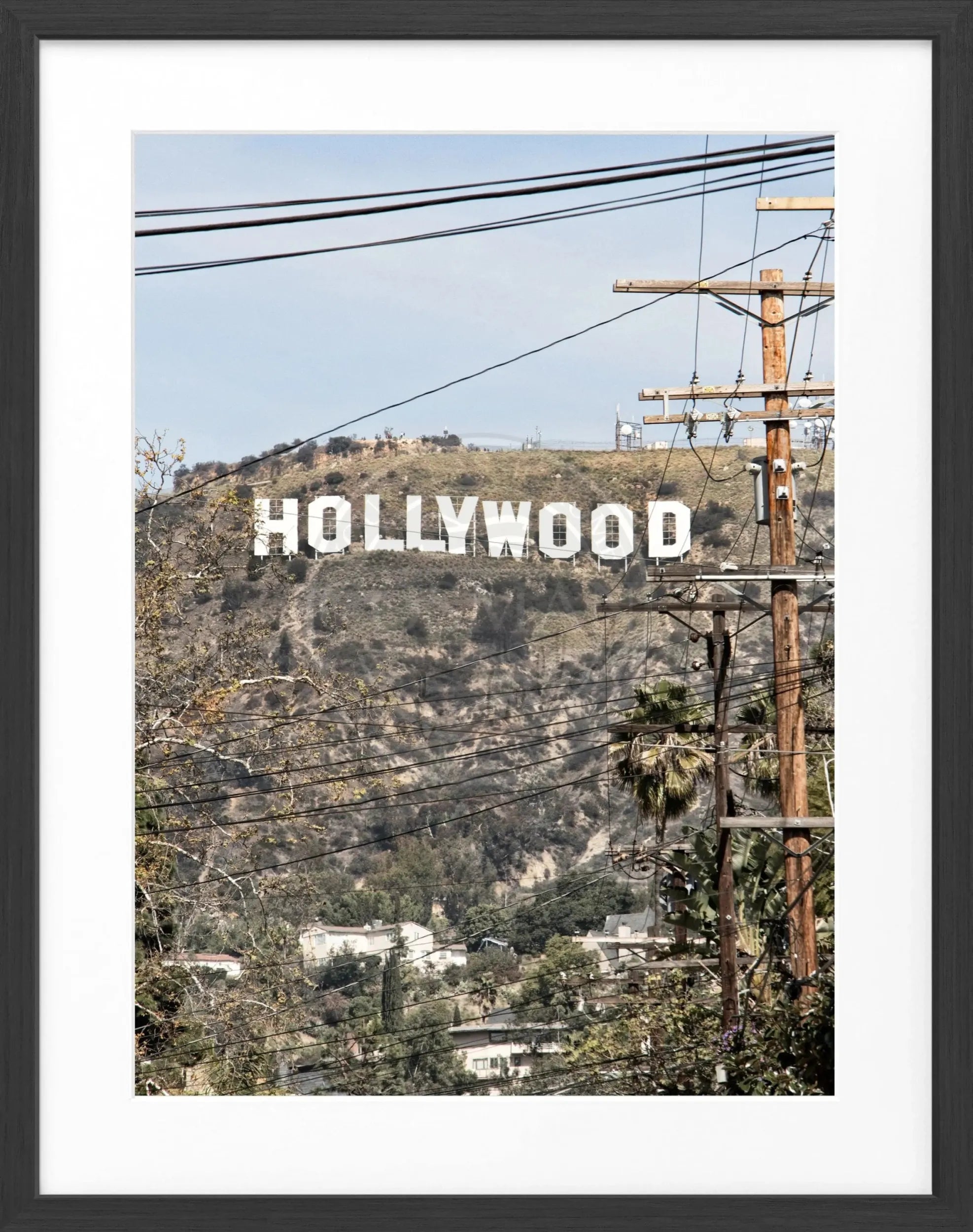 Schwarz-weiß Poster mit Rahmen von Cosman-Photocollection, Kalifornien Hollywood ’Sign’ Motiv, 25x31 cm, dekoratives Wandbild