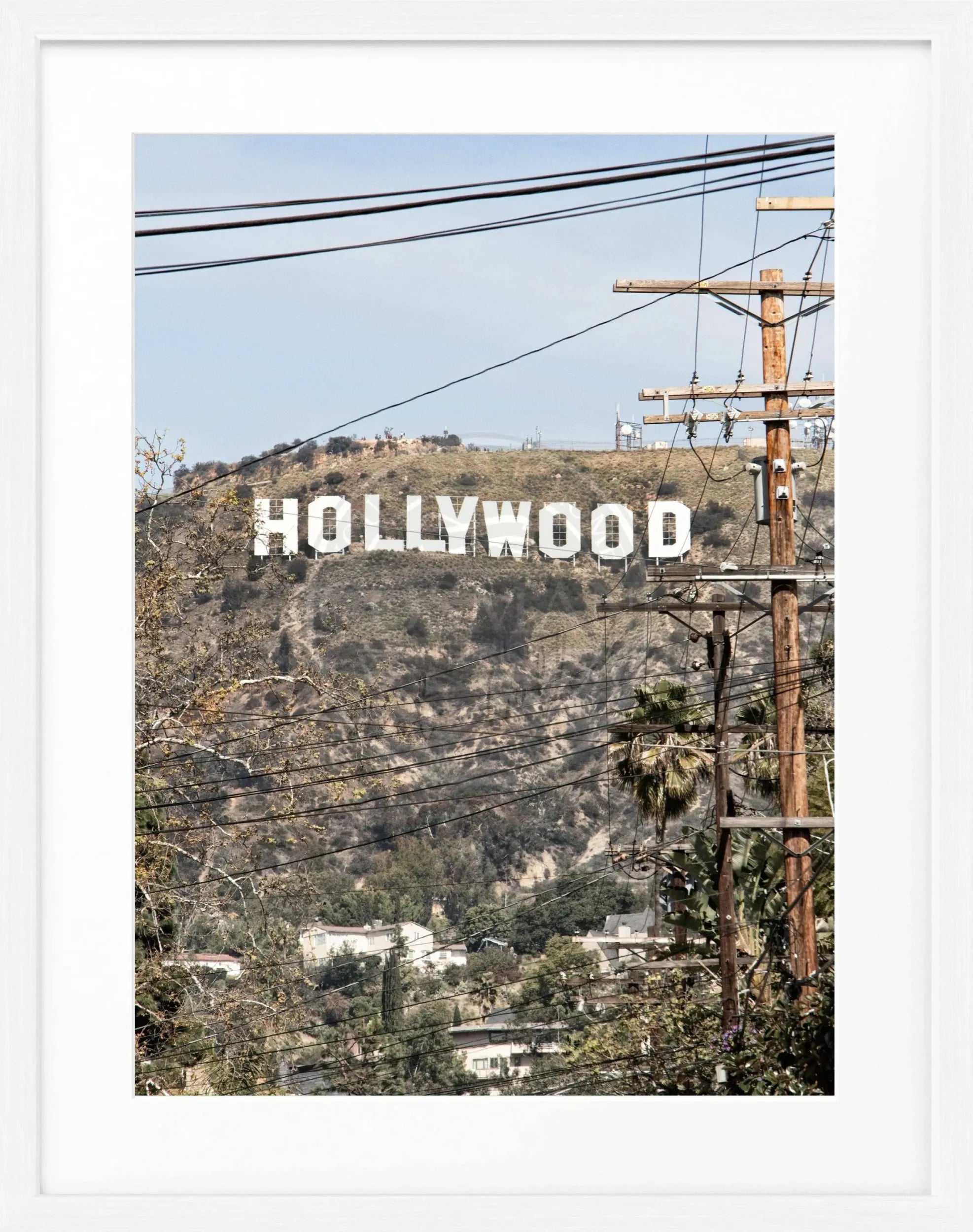 Schwarz-weiß Poster mit Rahmen von Kalifornien Hollywood Schild, von Cosman-Photocollection, Motiv in 25cm x 31cm.