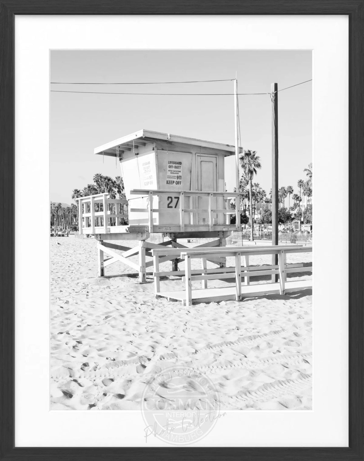 Schwarzweiß-Poster mit Rahmen, Kalifornien Lifeguard Motiv, 25x31cm, von Cosman-Photocollection