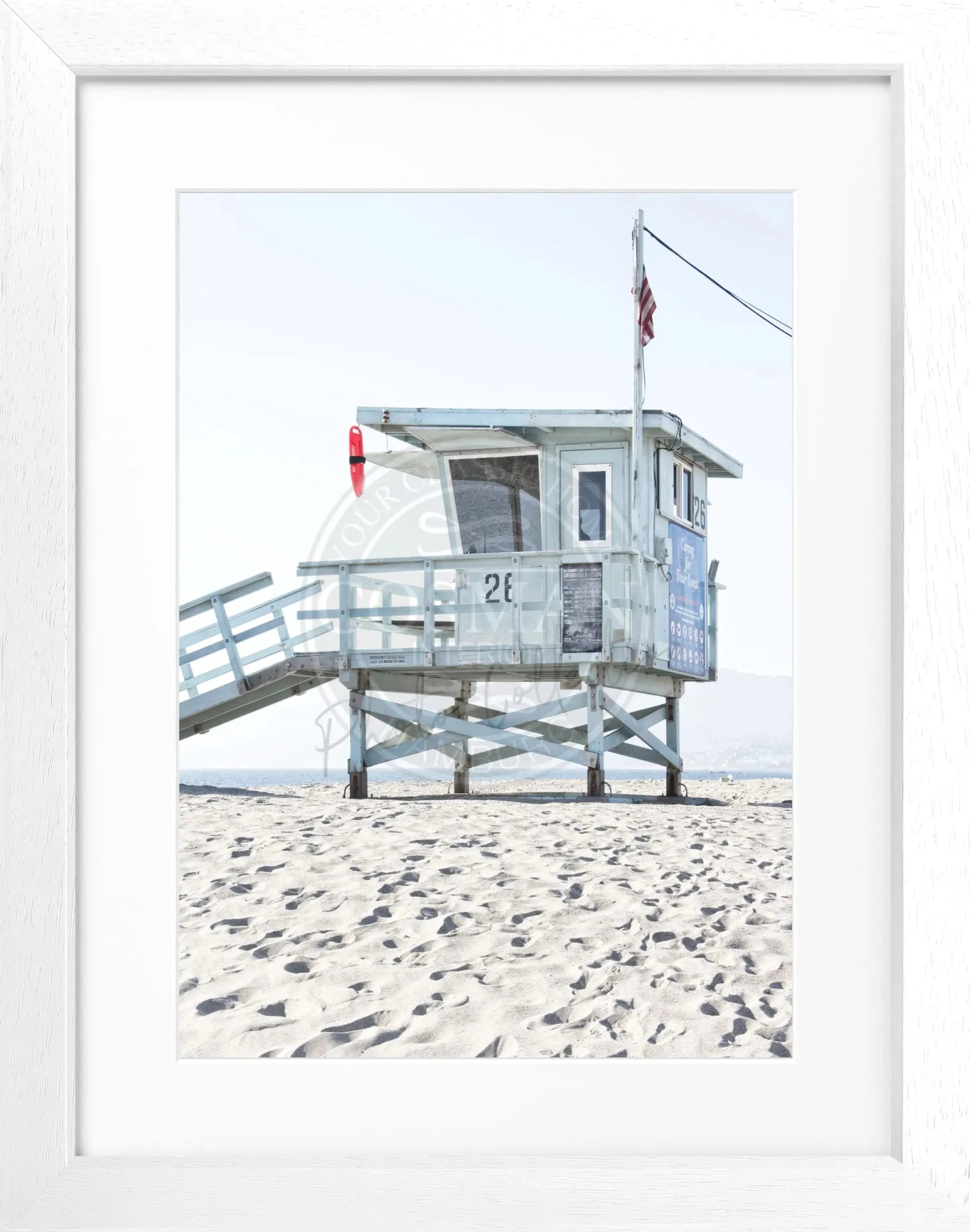 Schwarz-weiß Poster mit Rahmen, Kalifornien Lifeguard Motiv, ca. 25x31cm, von Cosman-Photocollection.