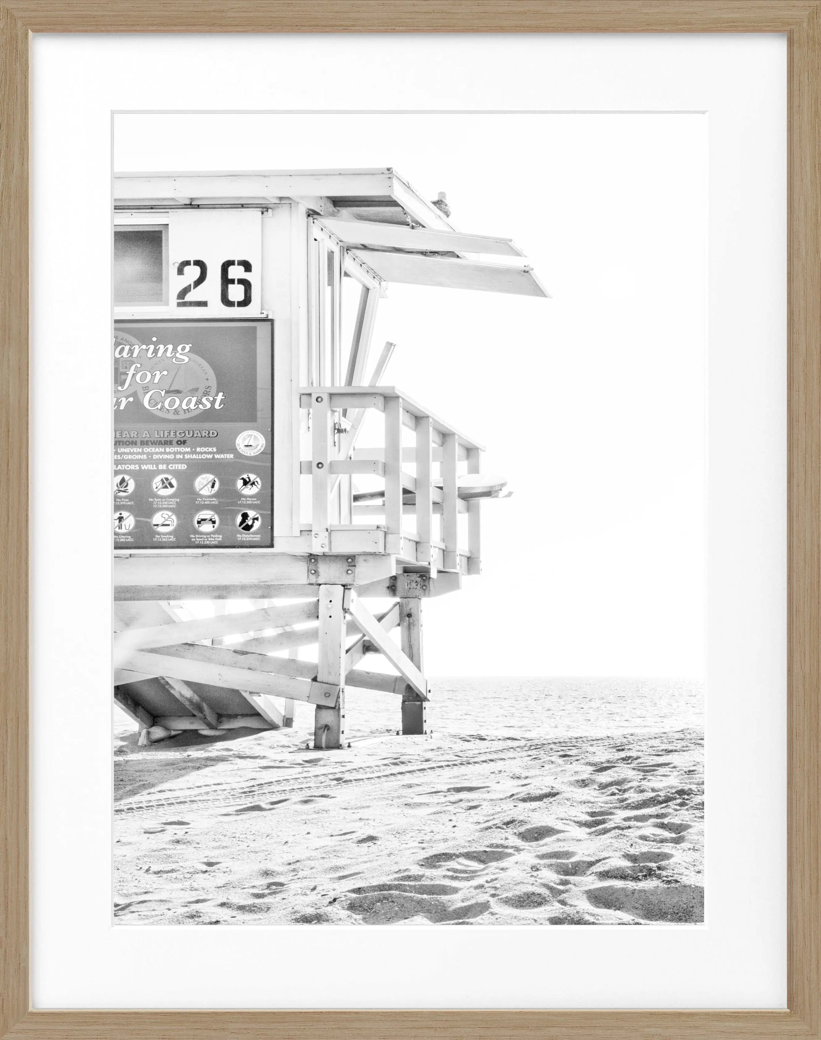 Schwarz-weiß Poster mit Rahmen, Kalifornien Lifeguard-Motiv, 25x31cm, von Cosman-Photocollection