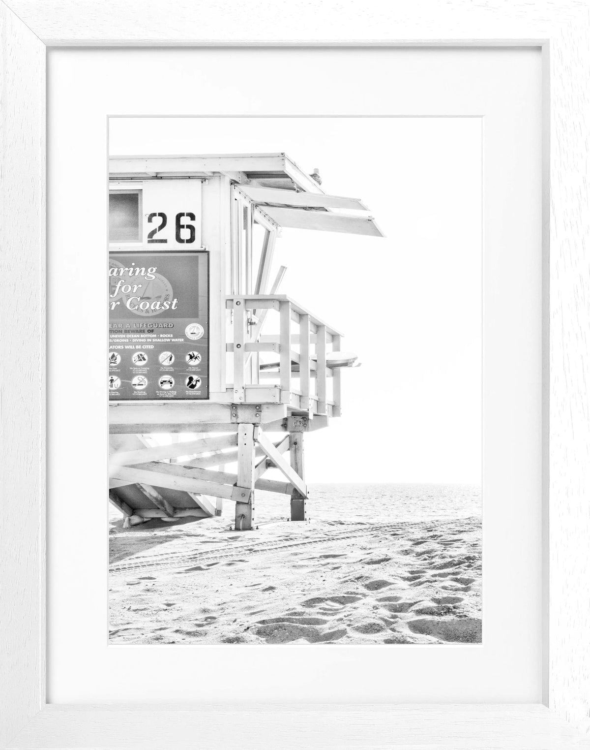 Schwarz-weiß Poster mit Rahmen, Kalifornien Lifeguard Motiv, von Cosman-Photocollection, 25x31 cm, dekoratives Wandbild