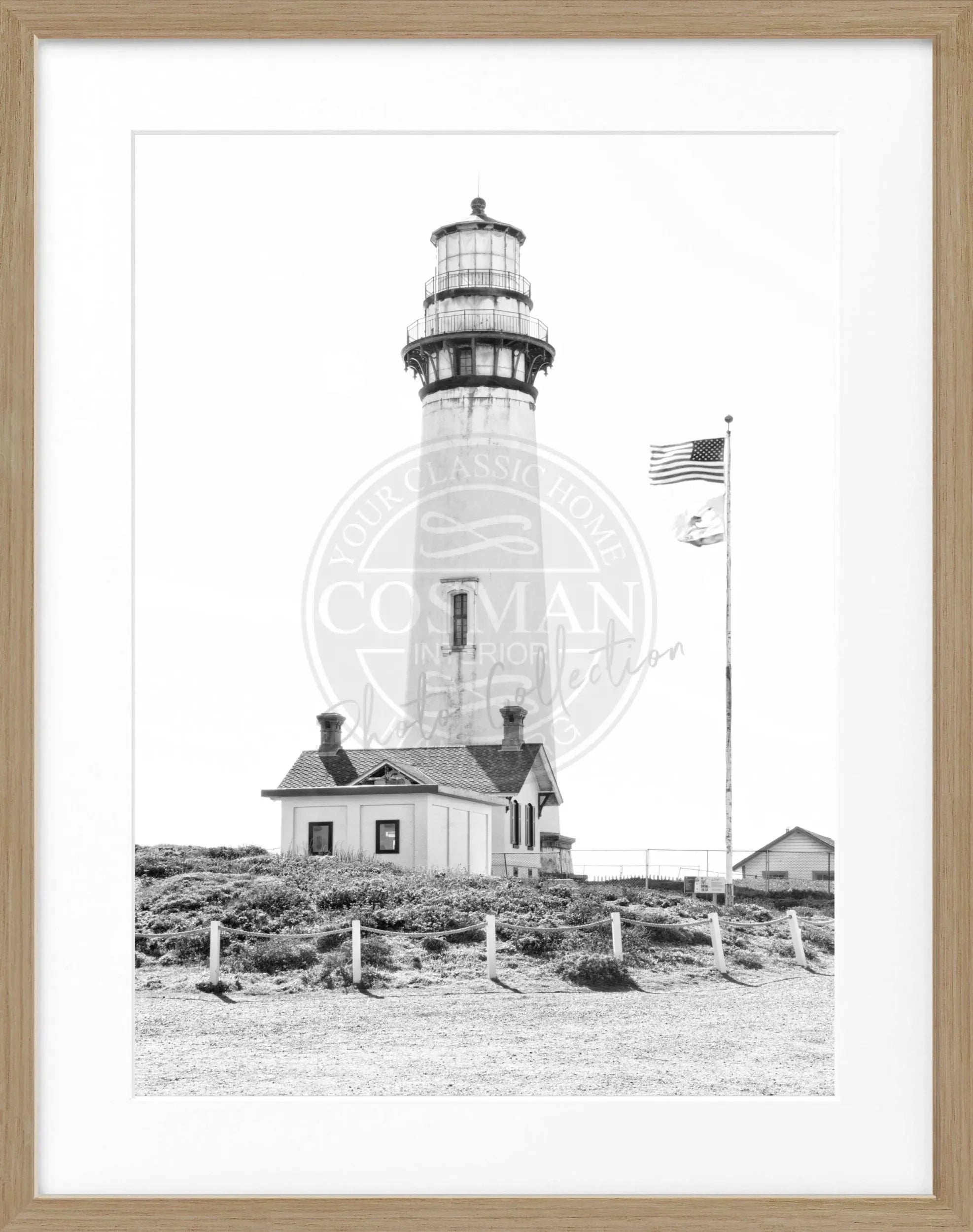 Schwarz-weiß Poster mit Rahmen von Kalifornien, Lighthouse-Motiv, von Cosman-Photocollection, 25x31 cm.