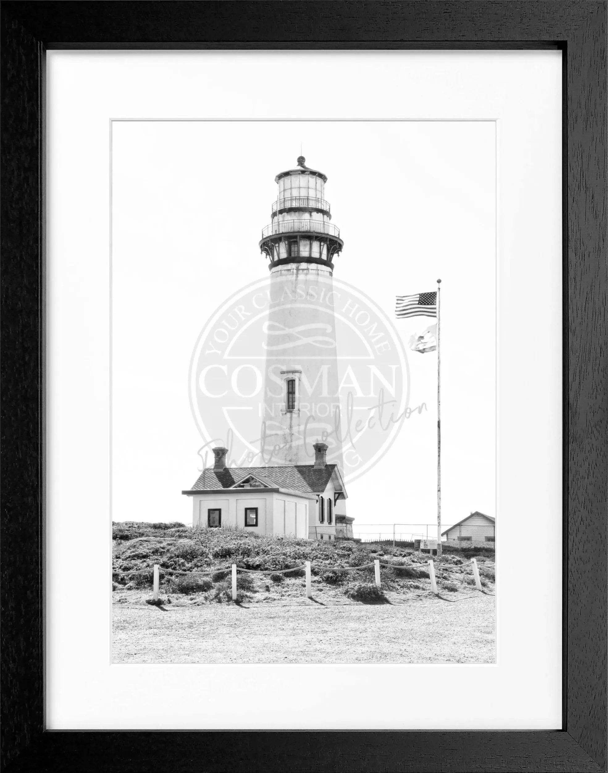 Schwarz-weißes Poster mit Rahmen, Kalifornien Leuchtturm Motiv, 25x31 cm, von Cosman-Photocollection