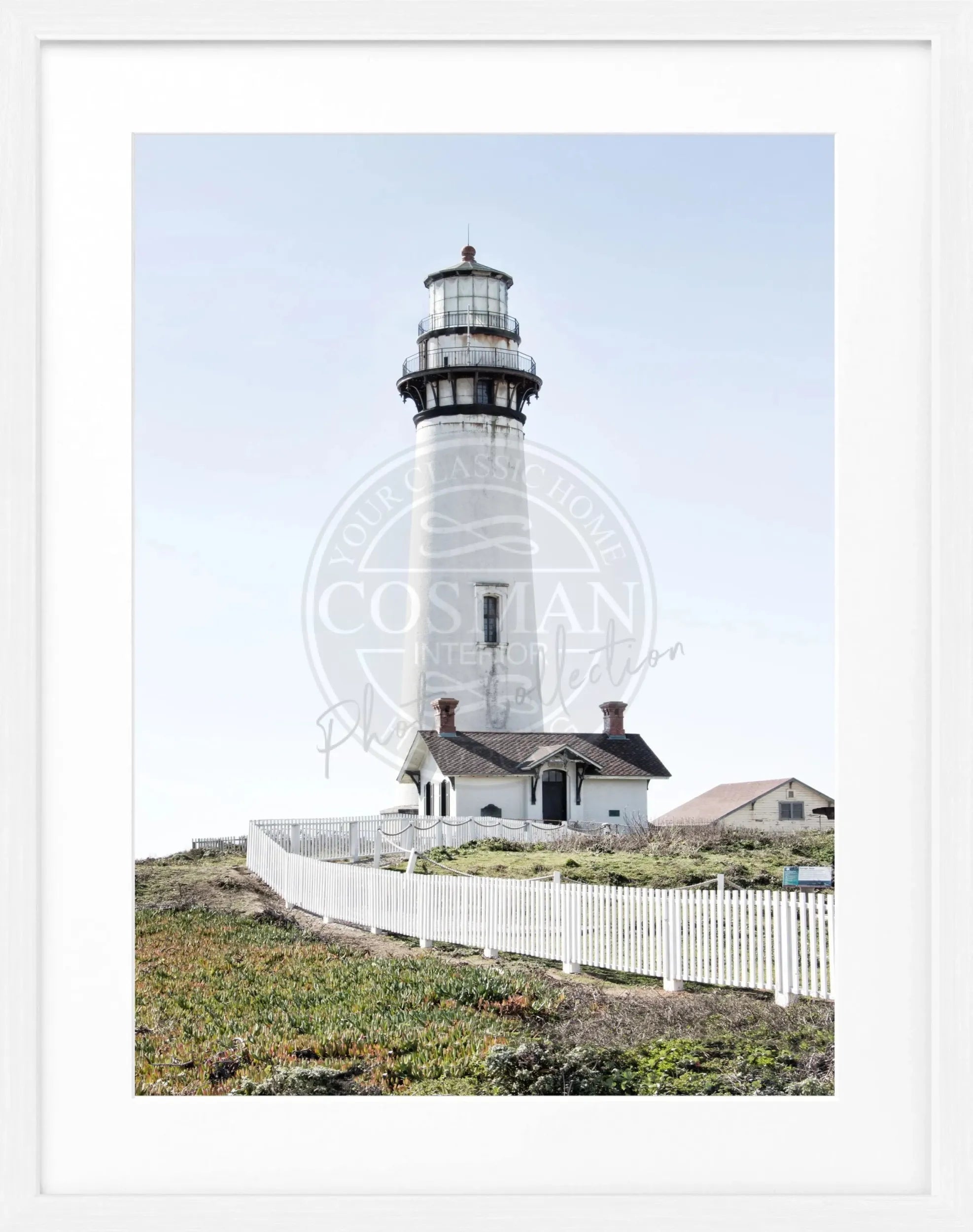 Schwarz-weißer Poster mit Rahmen, Kalifornien Lighthouse Pigeon Point, von Cosman-Photocollection, 25x31 cm, Meeresblick