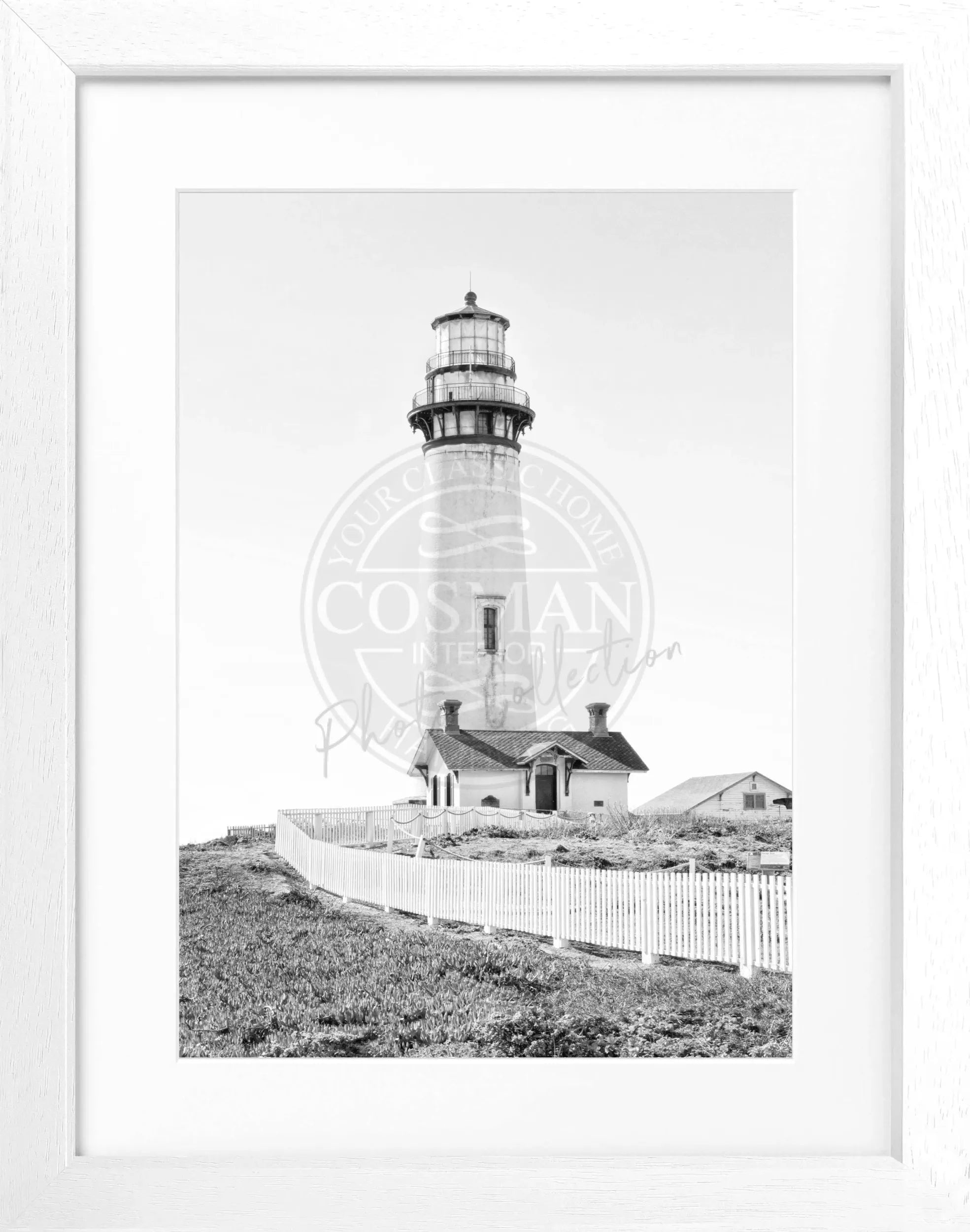 Schwarz-weiß Poster mit Rahmen, Kalifornien Lighthouse Pigeon Point, von Cosman-Photocollection, 25cm x 31cm, Meereslandschaft