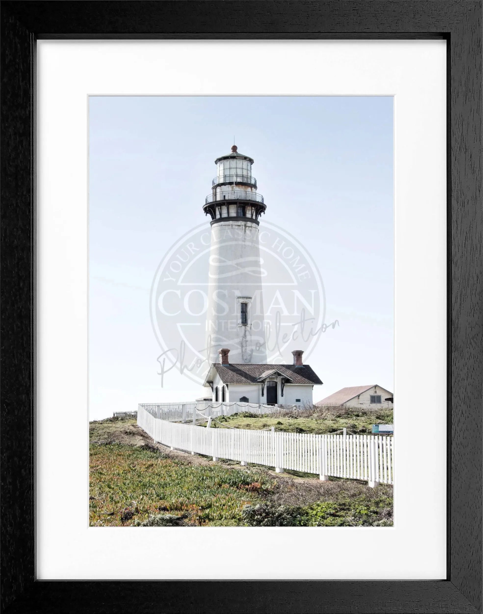 Schwarz-weiß Poster mit Rahmen von Cosman-Photocollection, Kalifornien Leuchtturm Pigeon Point, 25x31cm, Küstenlandschaft