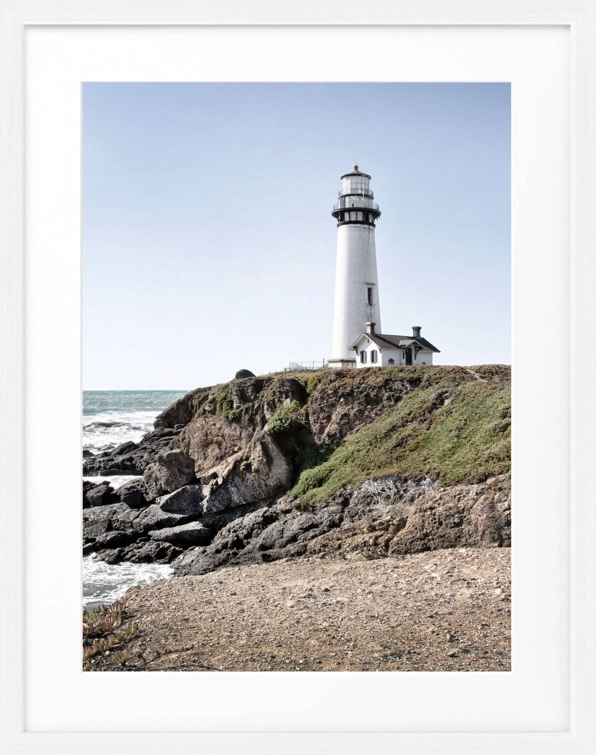 Schwarz-weiß Poster mit Rahmen, Kalifornien Leuchtturm Pigeon Point, von Cosman-Photocollection, 25x31 cm, Wanddekoration