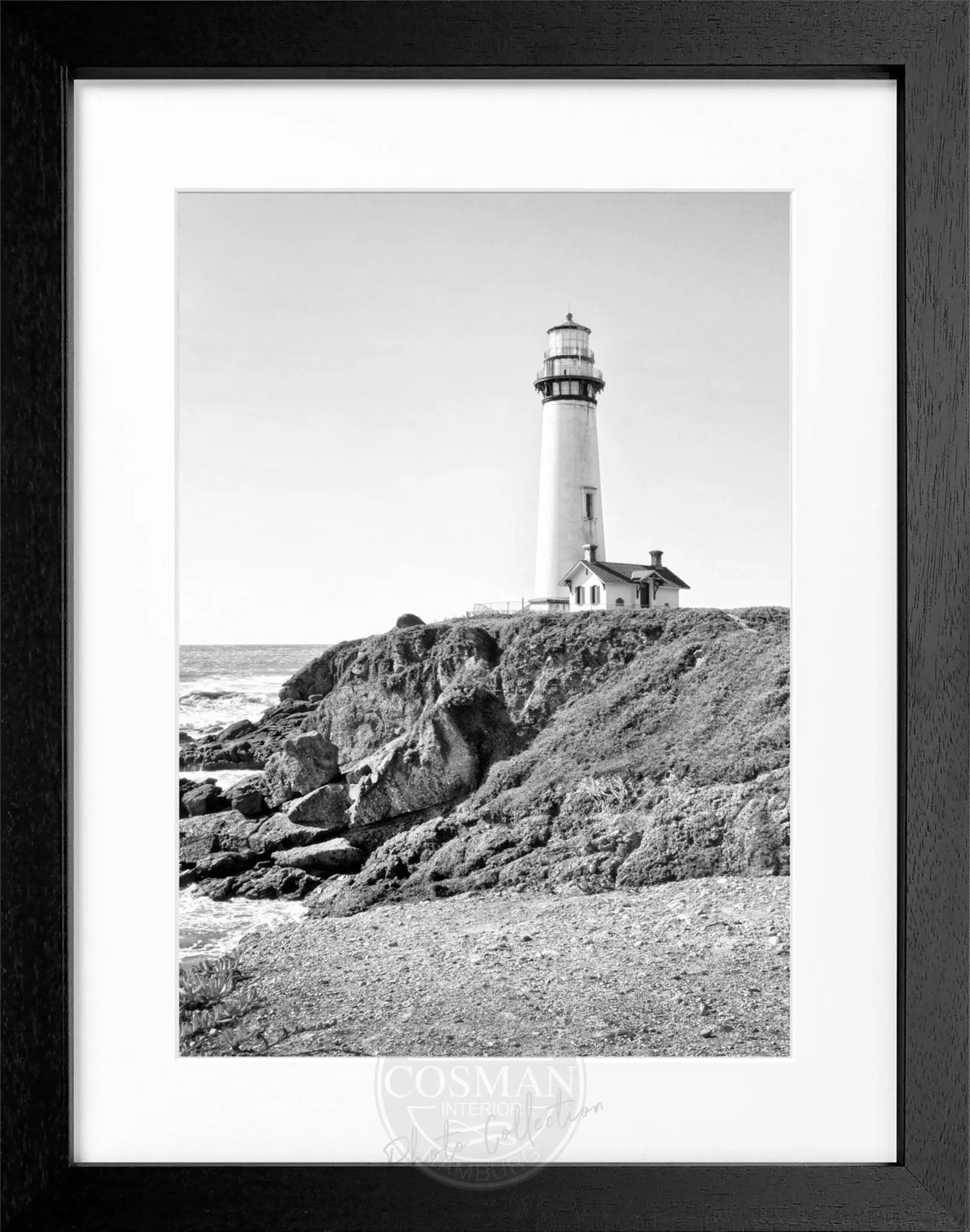 Schwarz-weiß Poster mit Rahmen, Kalifornien Lighthouse Pigeon Point, von Cosman-Photocollection, 25x31 cm, maritime Strandlandschaft