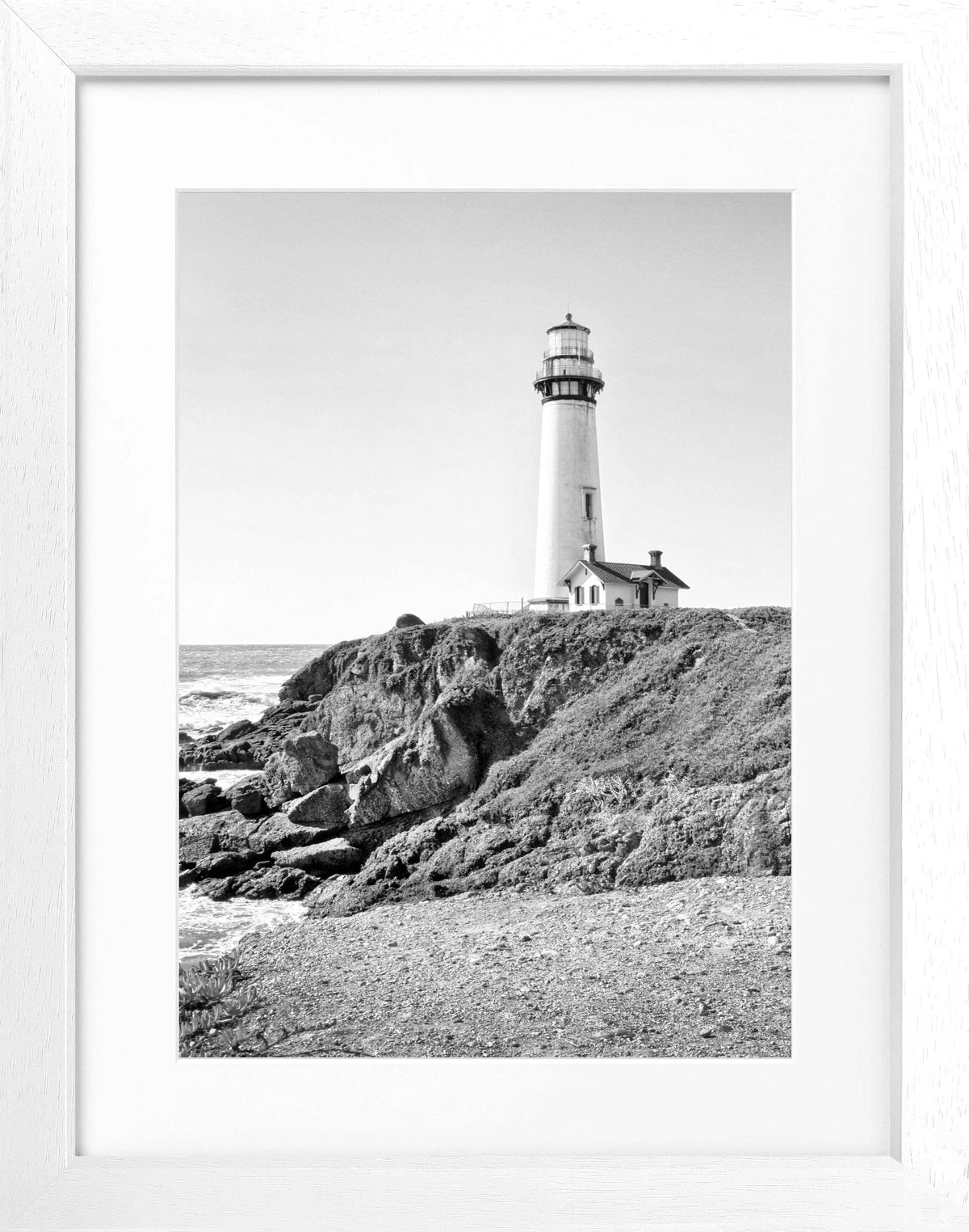 Schwarz-weiß Poster mit Rahmen von Cosman-Photocollection, Kalifornien Leuchtturm Pigeon Point, 25x31 cm, Wanddekoration