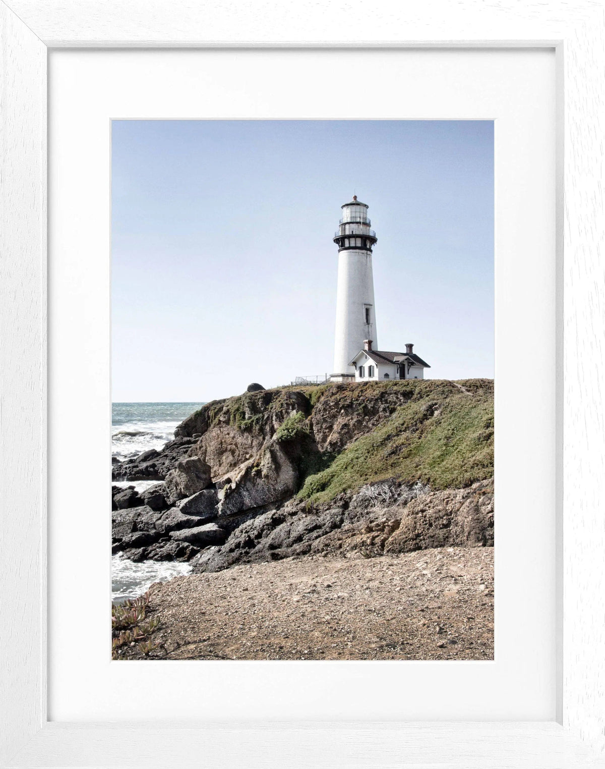 Schwarz-weiß Poster mit Rahmen von Cosman-Photocollection, Kalifornien, Leuchtturm Pigeon Point, 25x31 cm, Wanddekoration