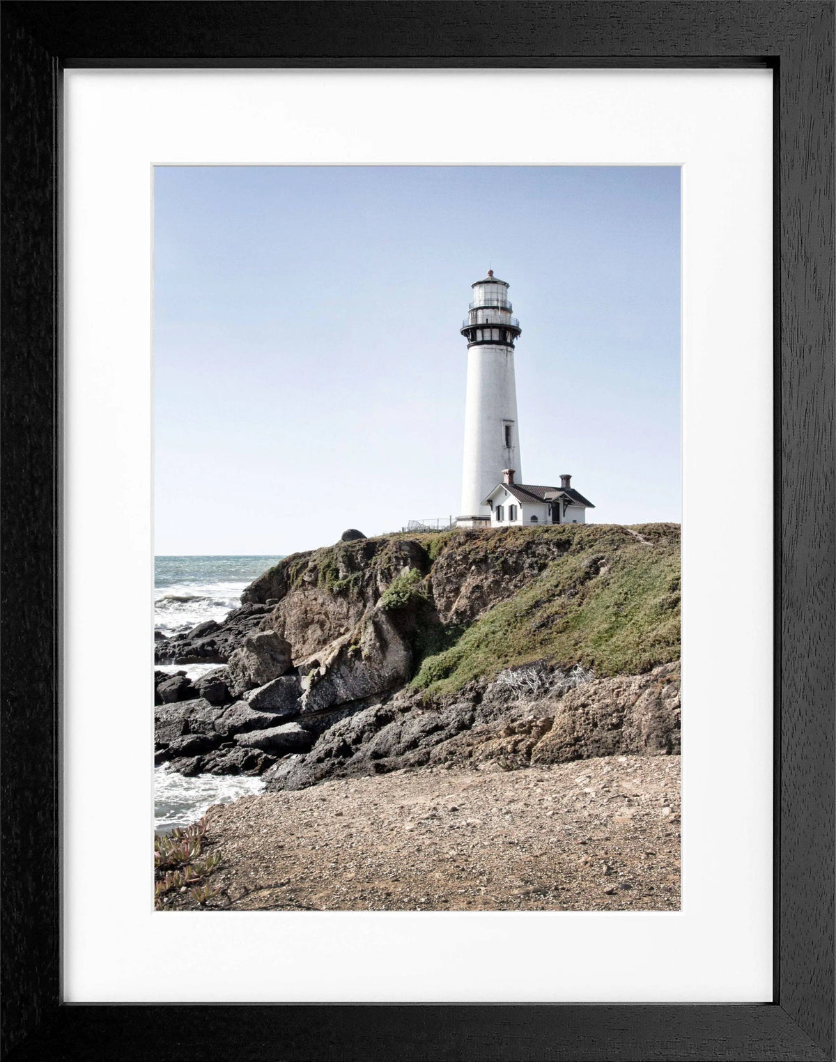 Schwarz-weiß Poster mit Rahmen von Cosman-Photocollection, Kalifornien Leuchtturm Pigeon Point, 25x31 cm, Wanddekoration