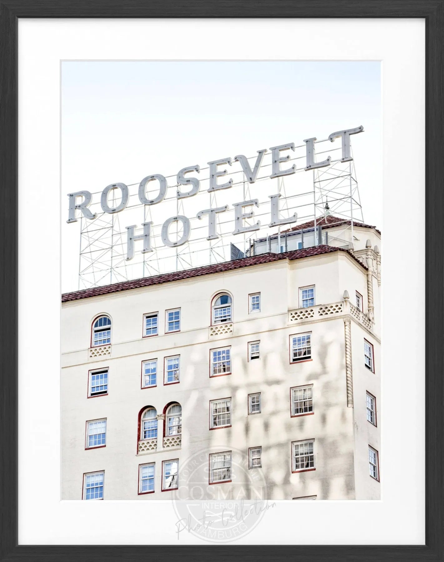 Schwarz-weiß Poster mit Rahmen von Cosman-Photocollection, Kalifornien, Los Angeles, Roosevelt Hotel, 25x31cm.