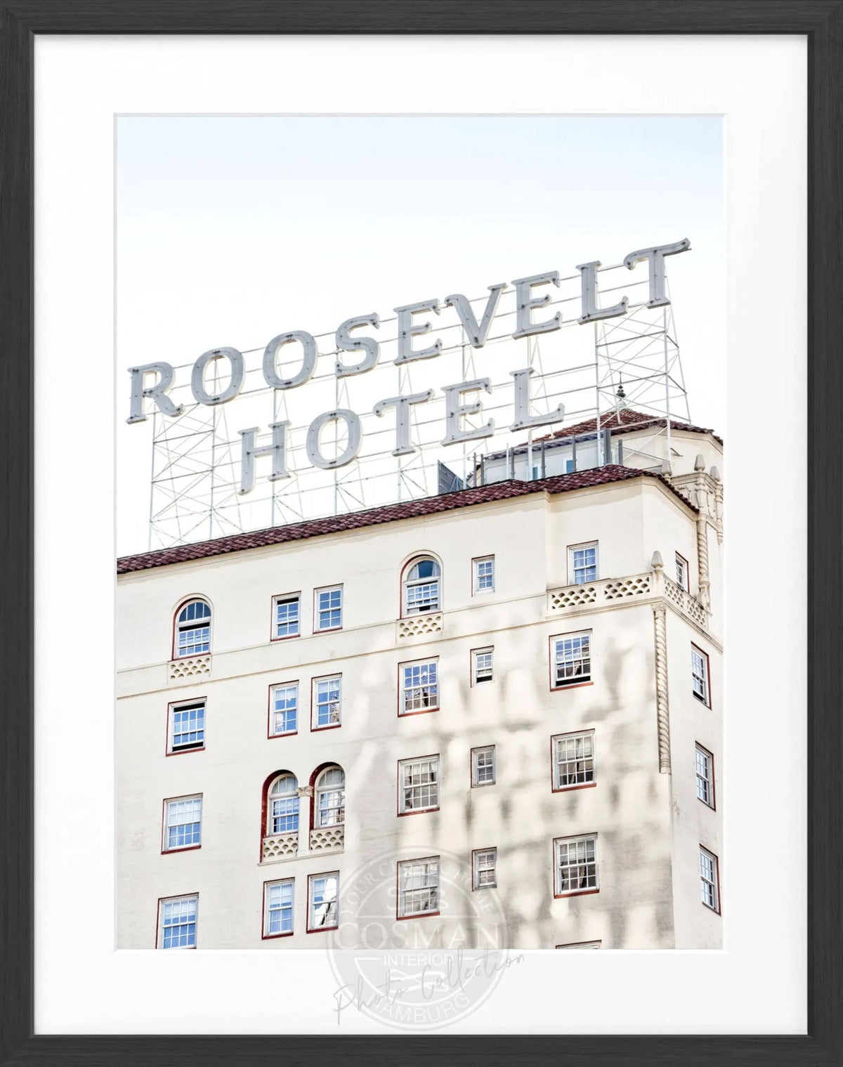 Schwarz-weiß Poster mit Rahmen von Cosman-Photocollection, Kalifornien, Los Angeles, Roosevelt Hotel, 25x31cm.