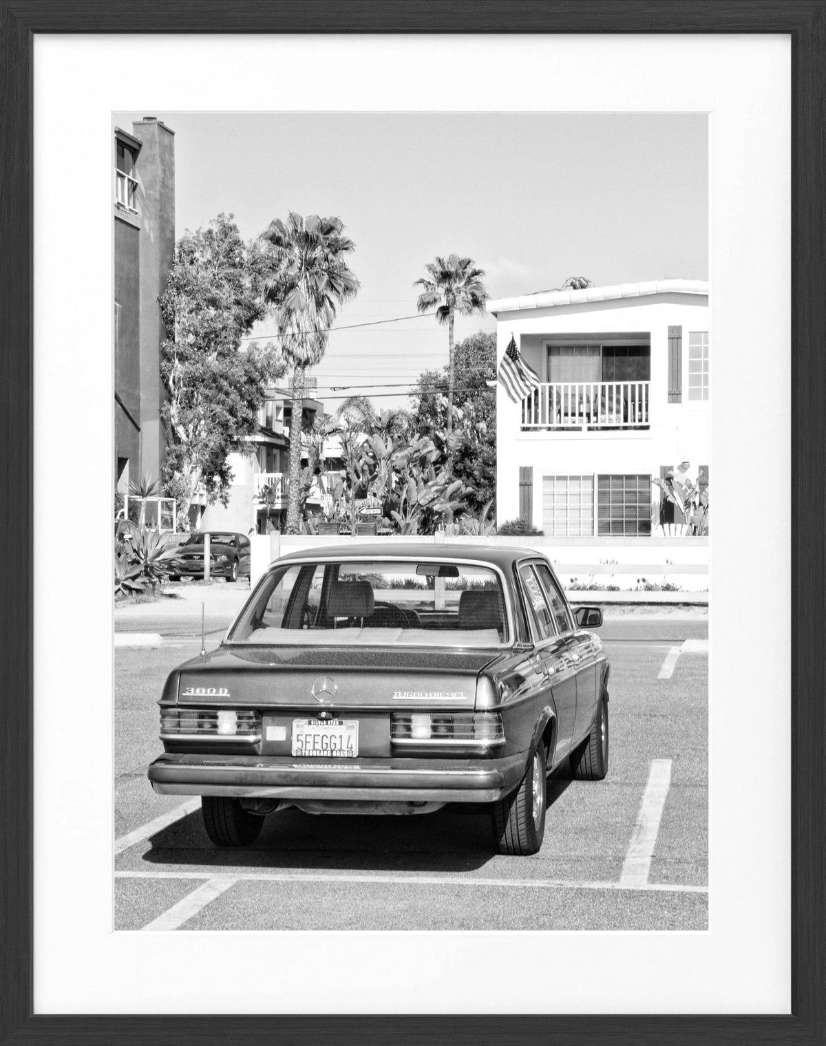 Schwarz-weiß Poster mit Rahmen, Kalifornien-Motiv und Mercedes Classic Design, von Cosman-Photocollection, 25x31 cm