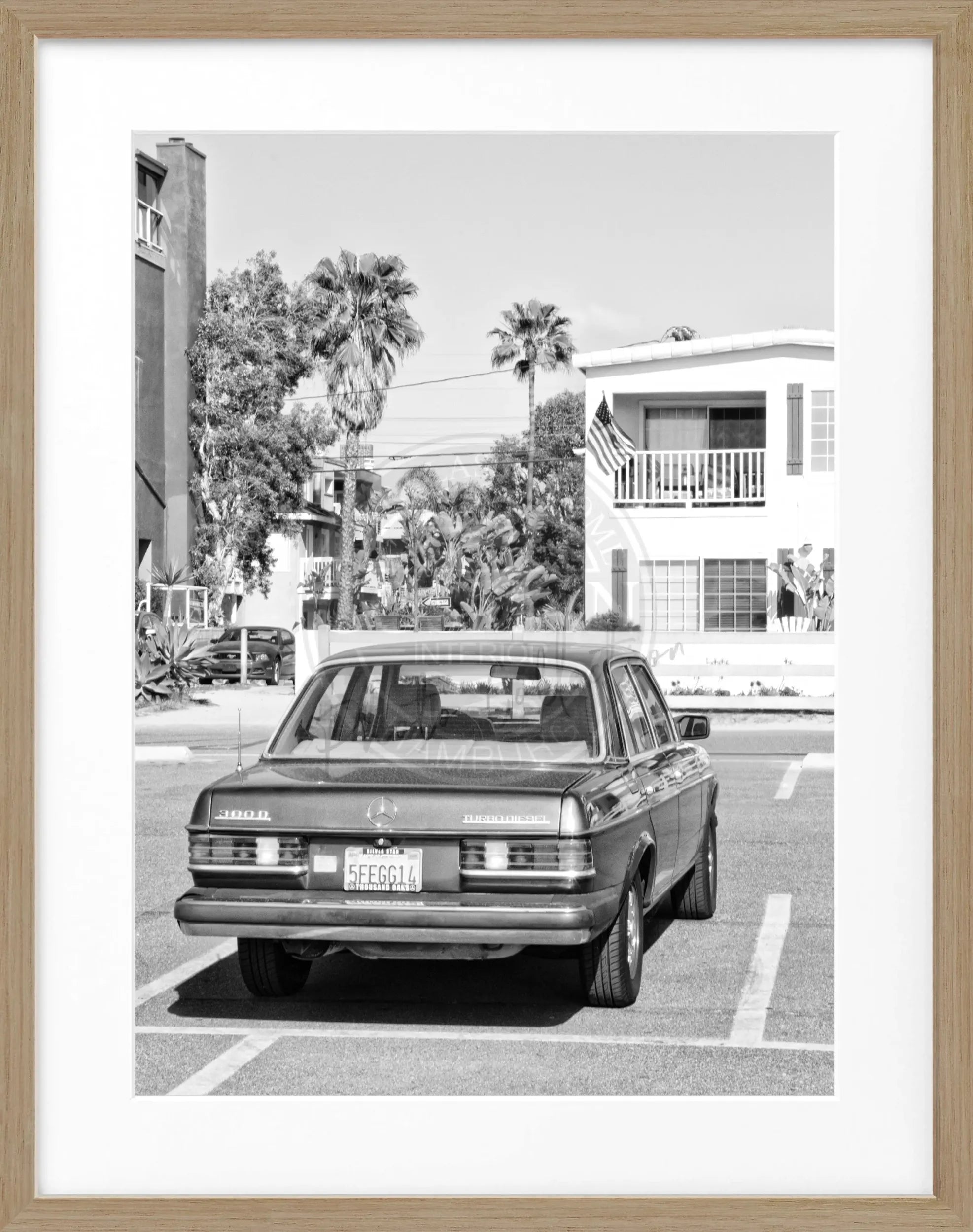 Schwarzweiß-Poster mit Rahmen, Kalifornien-Motiv, Mercedes Classic K120, 25x31cm, von Cosman-Photocollection