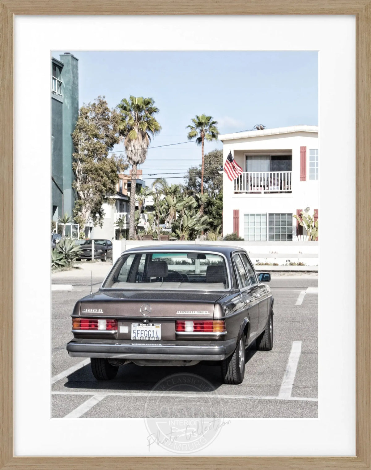 Schwarz-weiß Poster mit Rahmen, Kalifornien-Motiv, Mercedes Classic, 25x31 cm, von Cosman-Photocollection.