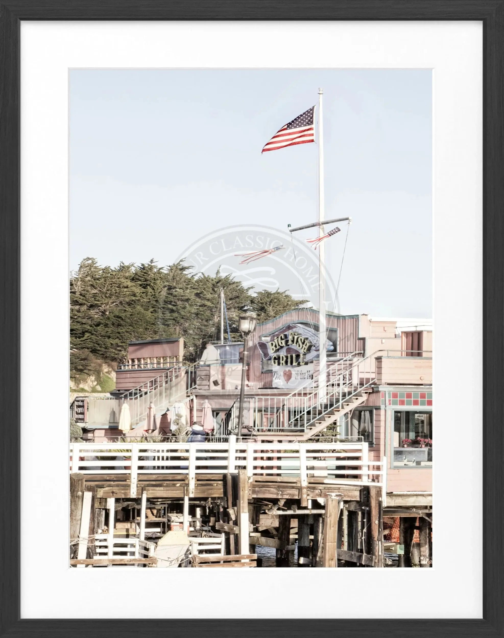 Schwarz-weiß Poster mit Rahmen von Kalifornien Monterey, 25x31 cm, von Cosman-Photocollection, dekoratives Wandbild