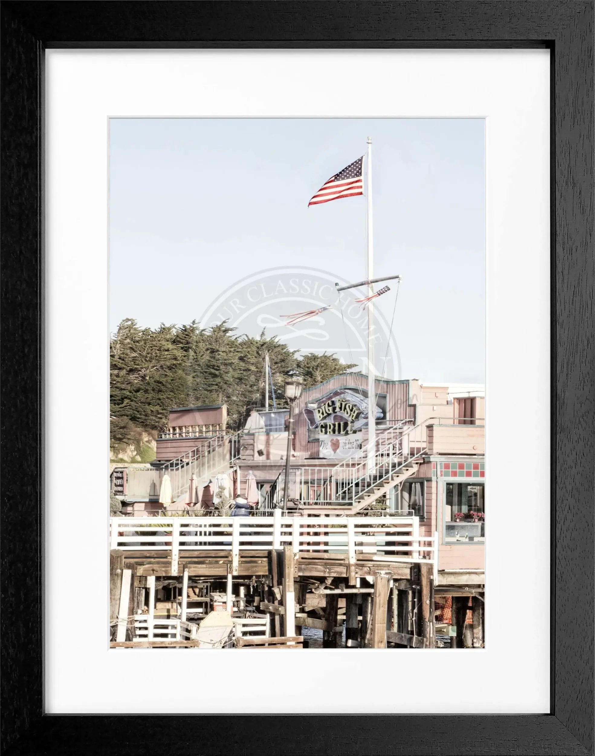 Schwarz-weiß Poster mit Rahmen von Cosman-Photocollection, Kalifornien Monterey Motiv, 25x31 cm, Wanddekoration